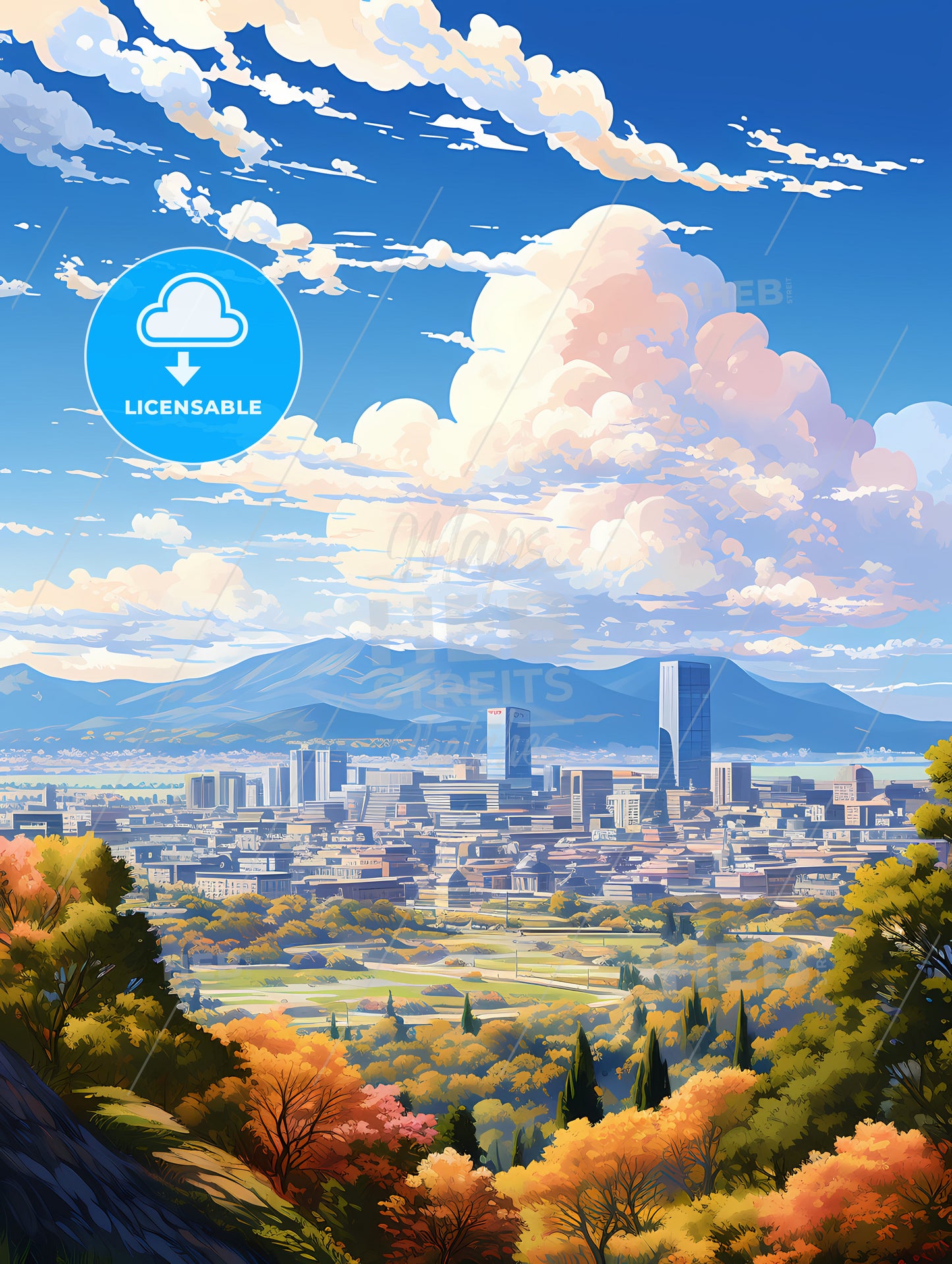 A Landscape Of A City With Trees And Mountains