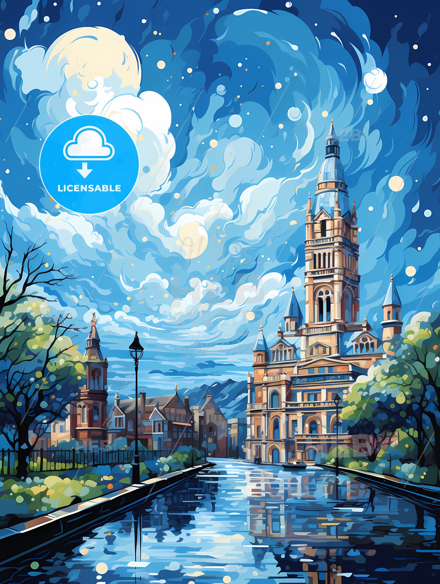 A Painting Of A Castle With A River And Trees