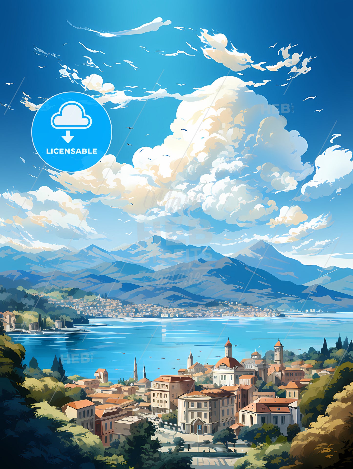 A Landscape Of A Town By A Lake