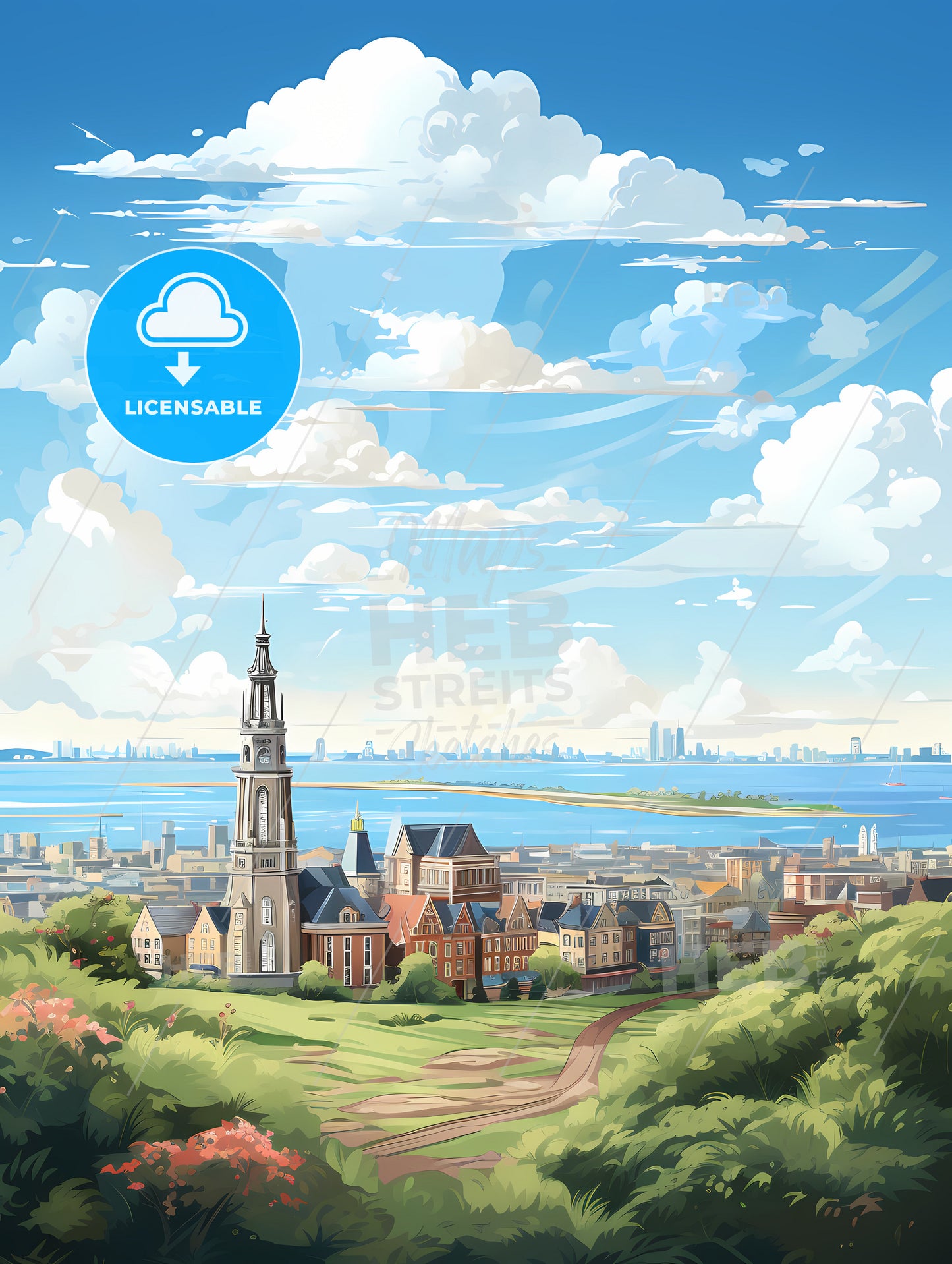 A Landscape Of A City With A Tall Tower And A Body Of Water