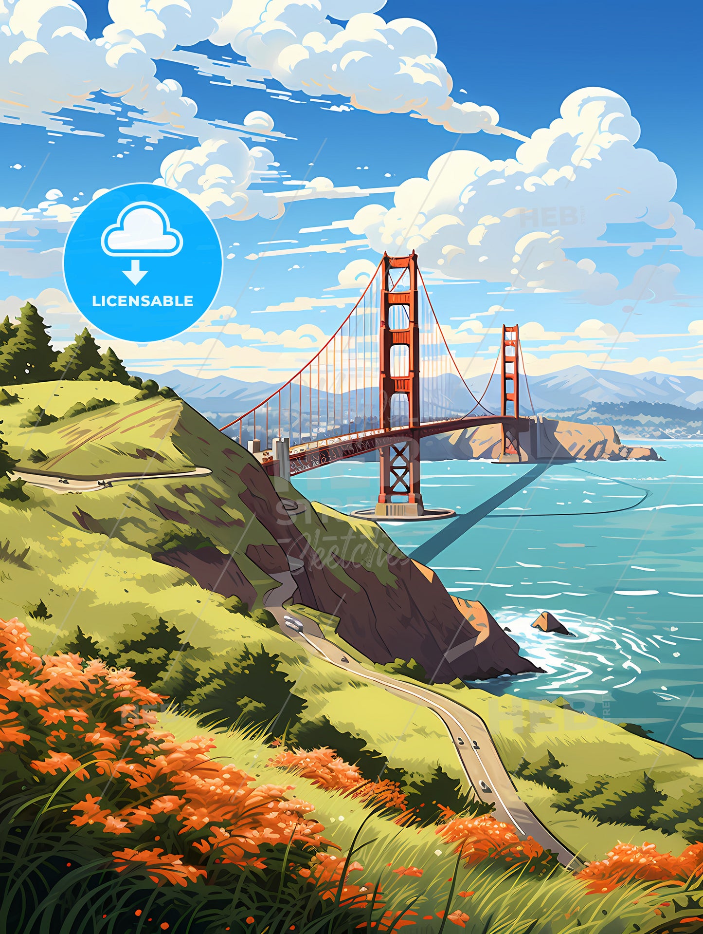 Golden Gate Bridge Over Water With Flowers And Trees