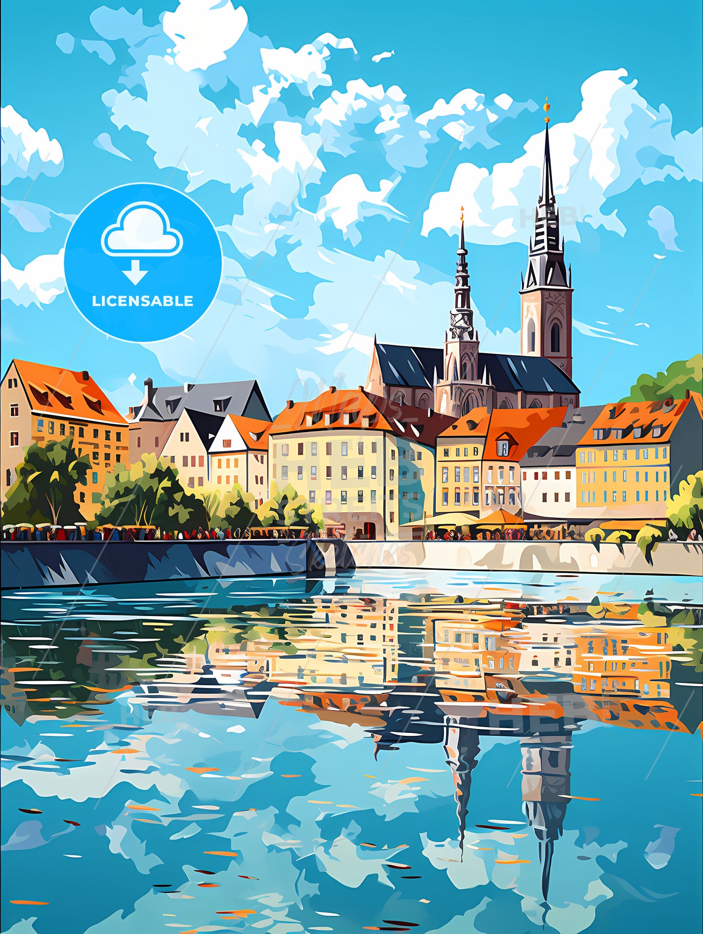 A Water Body With Buildings And Trees