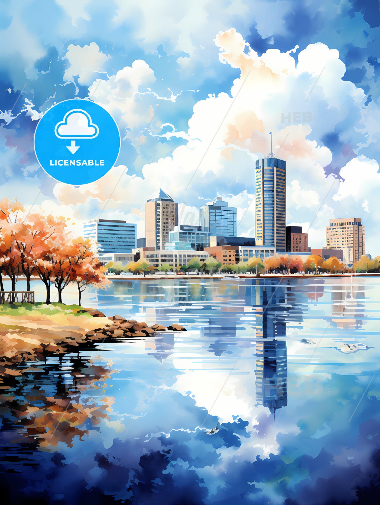 A Watercolor Of A City With Trees And A Body Of Water