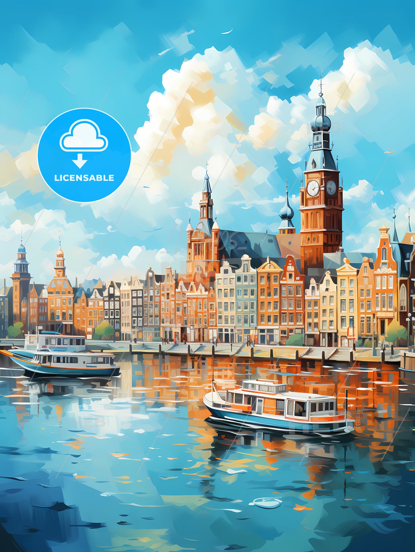 A Water With Boats And A City With A Clock Tower