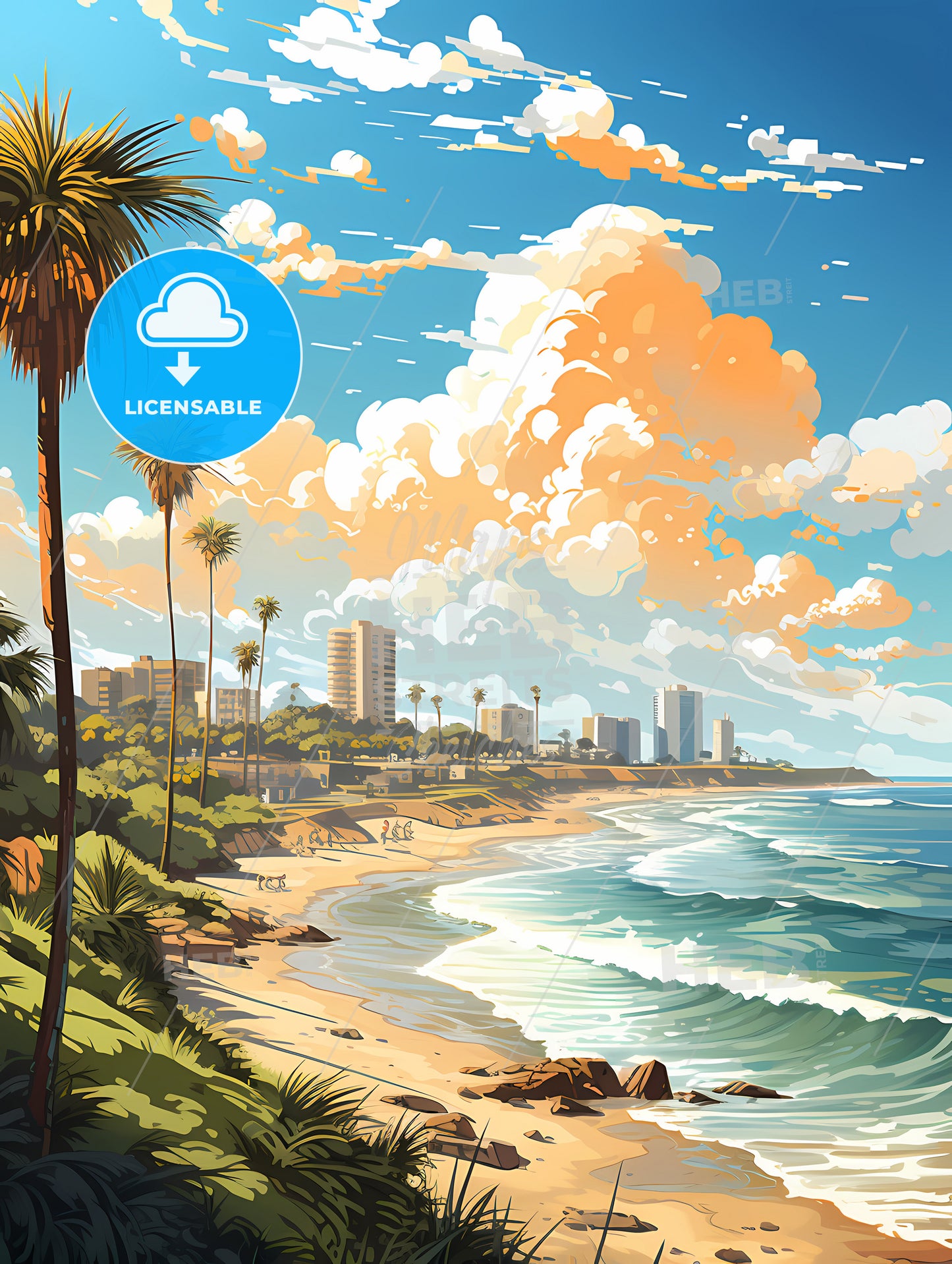 A Beach With Palm Trees And A City In The Background