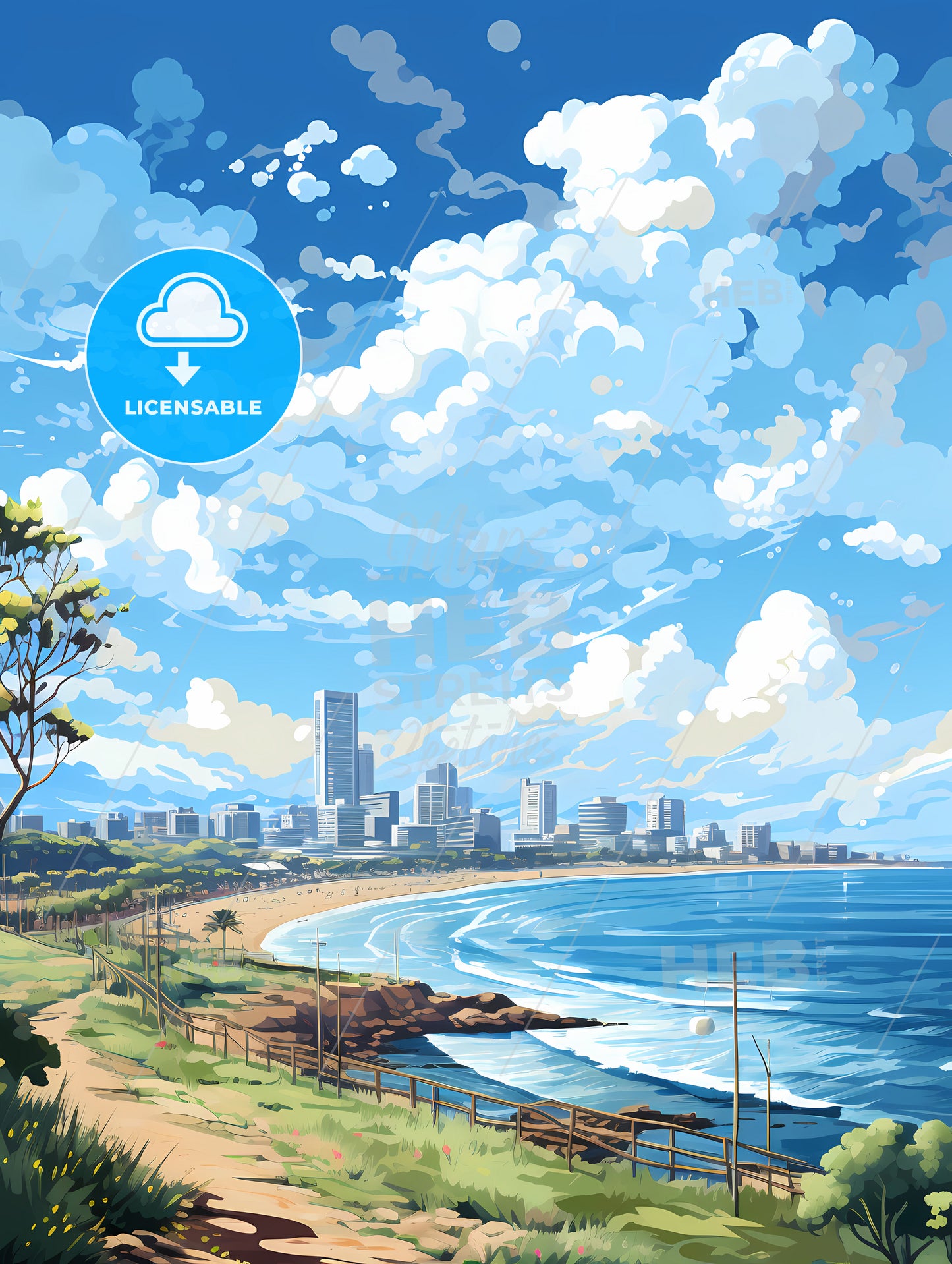 A Beach With A City And A Body Of Water