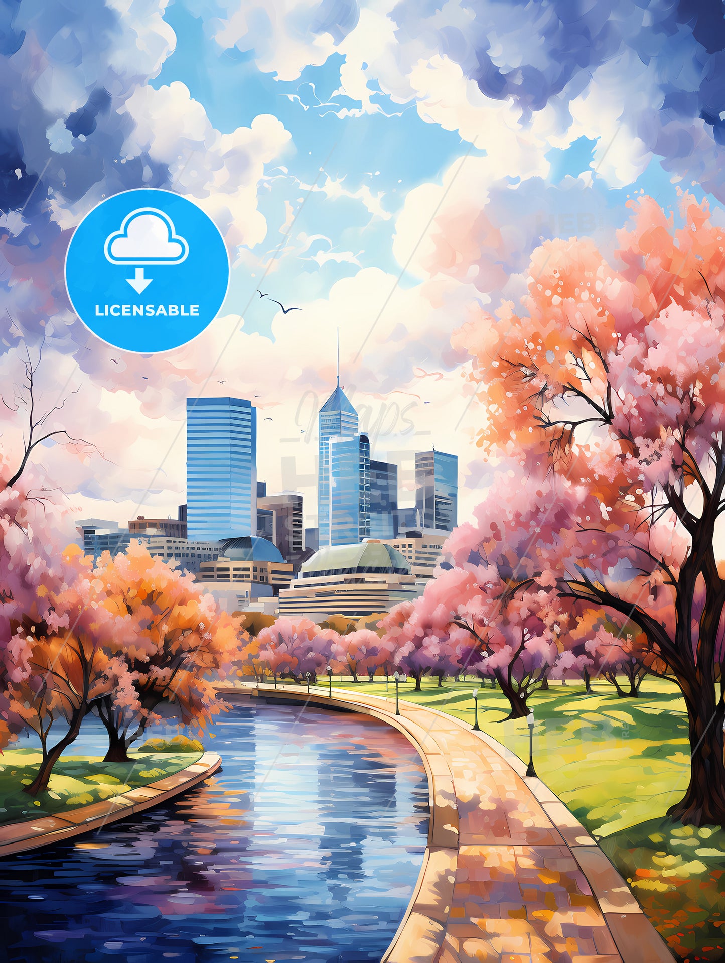 A Water Way With Pink Trees And Buildings In The Background