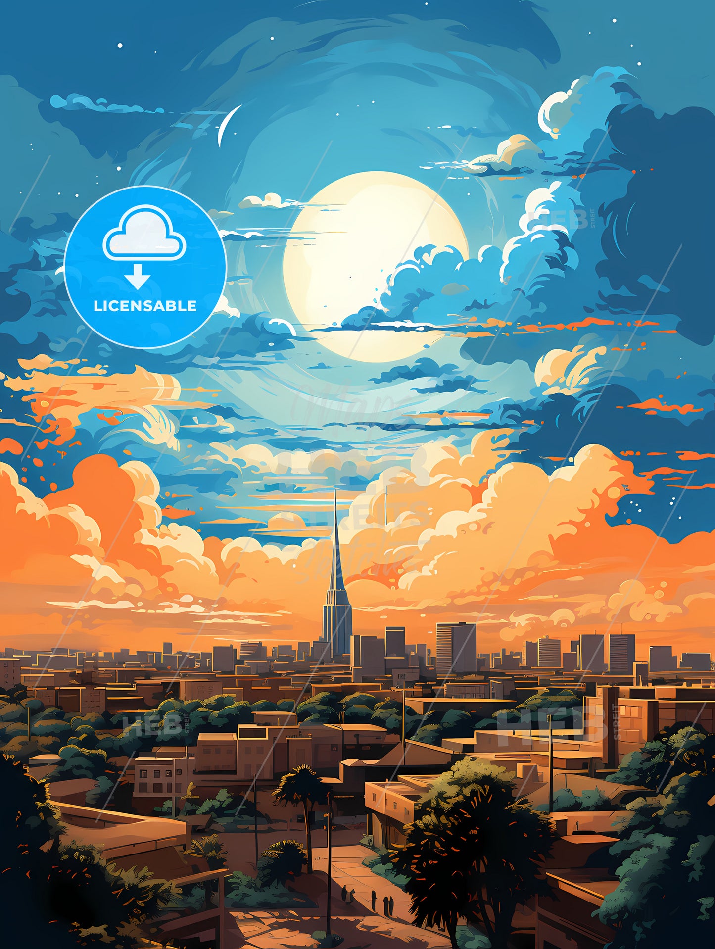 A City With Trees And A Large Moon In The Sky