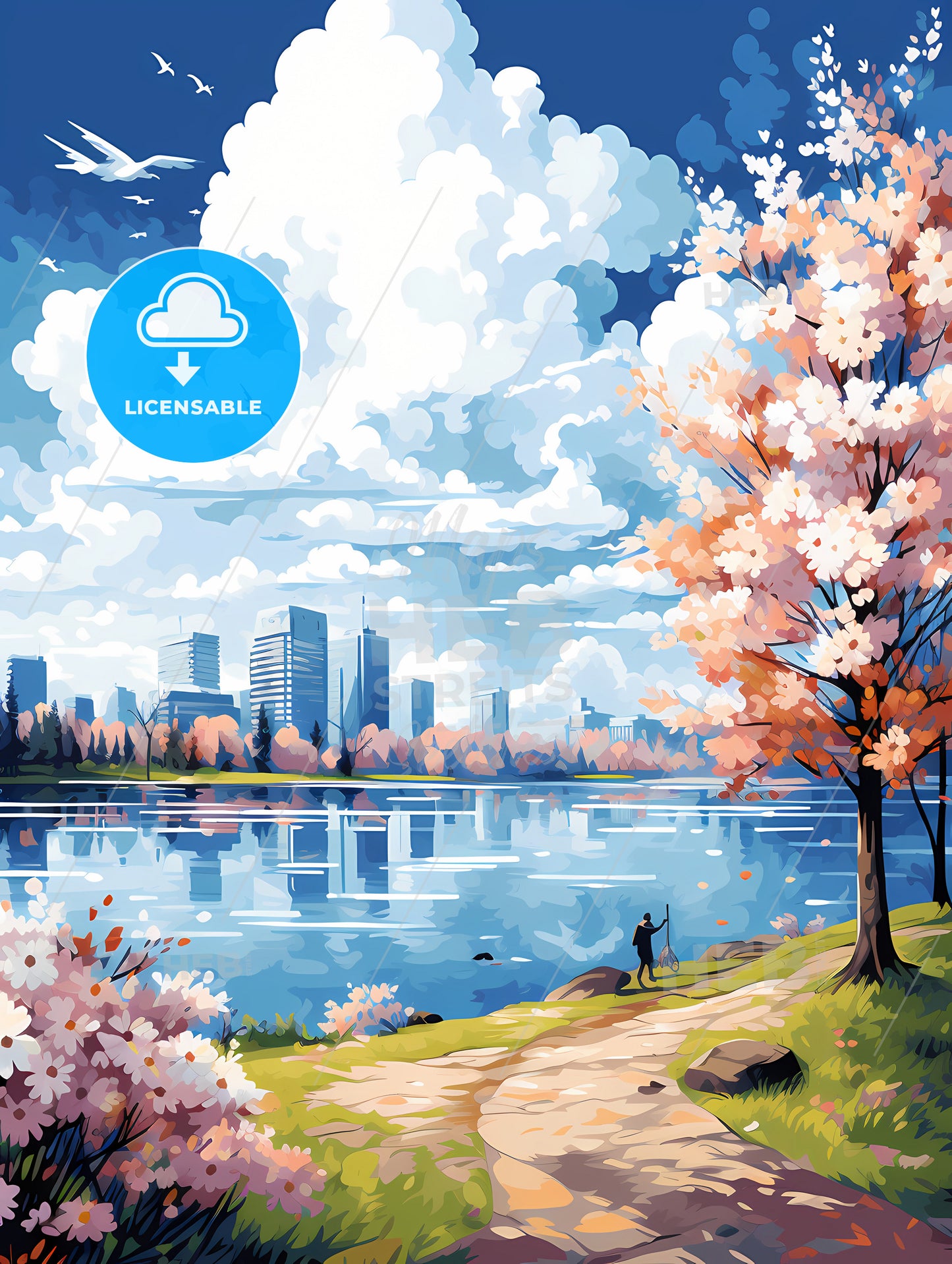 A Painting Of A City By A Lake