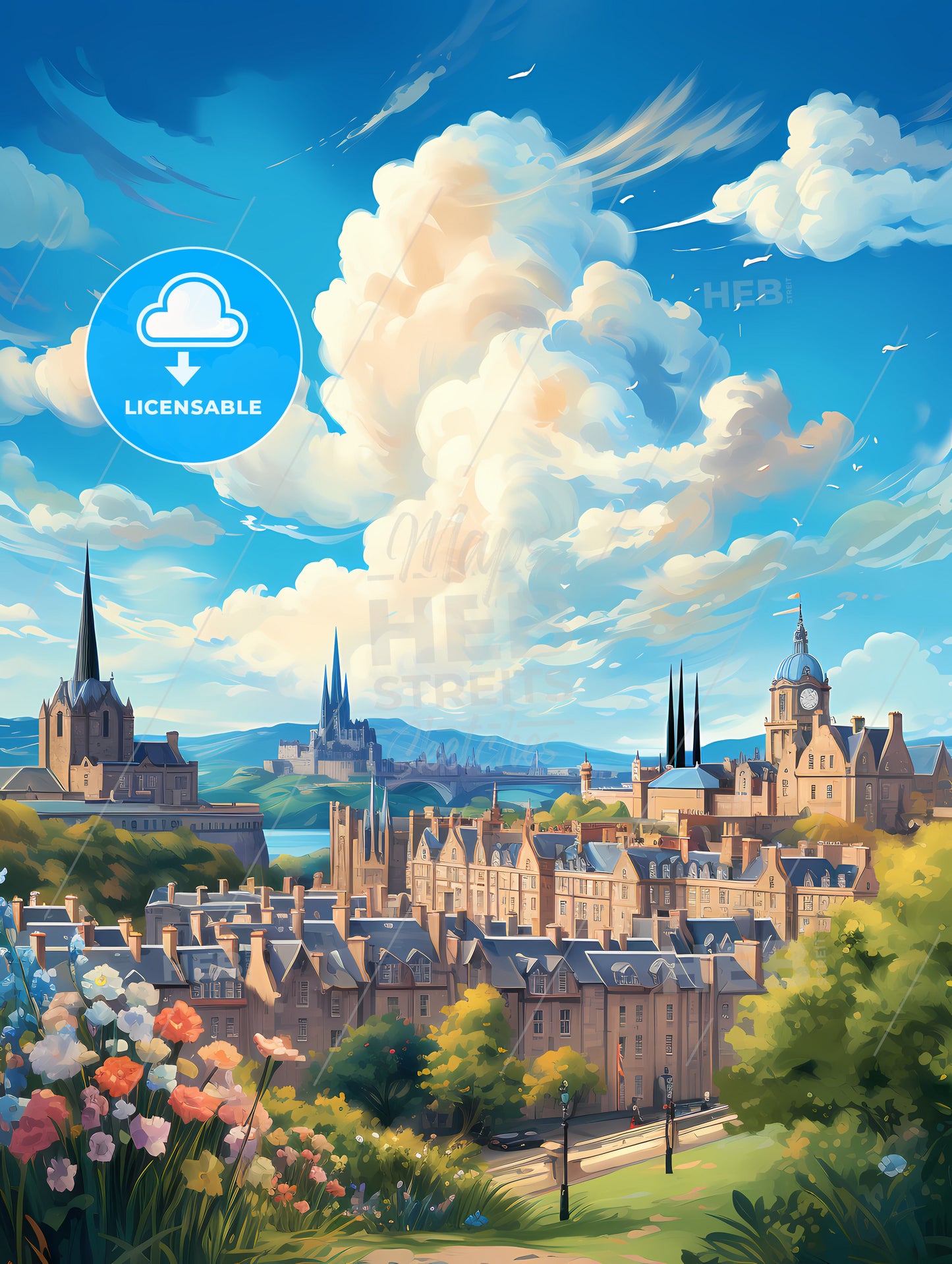 A Landscape Of A City With A Large Building And Trees