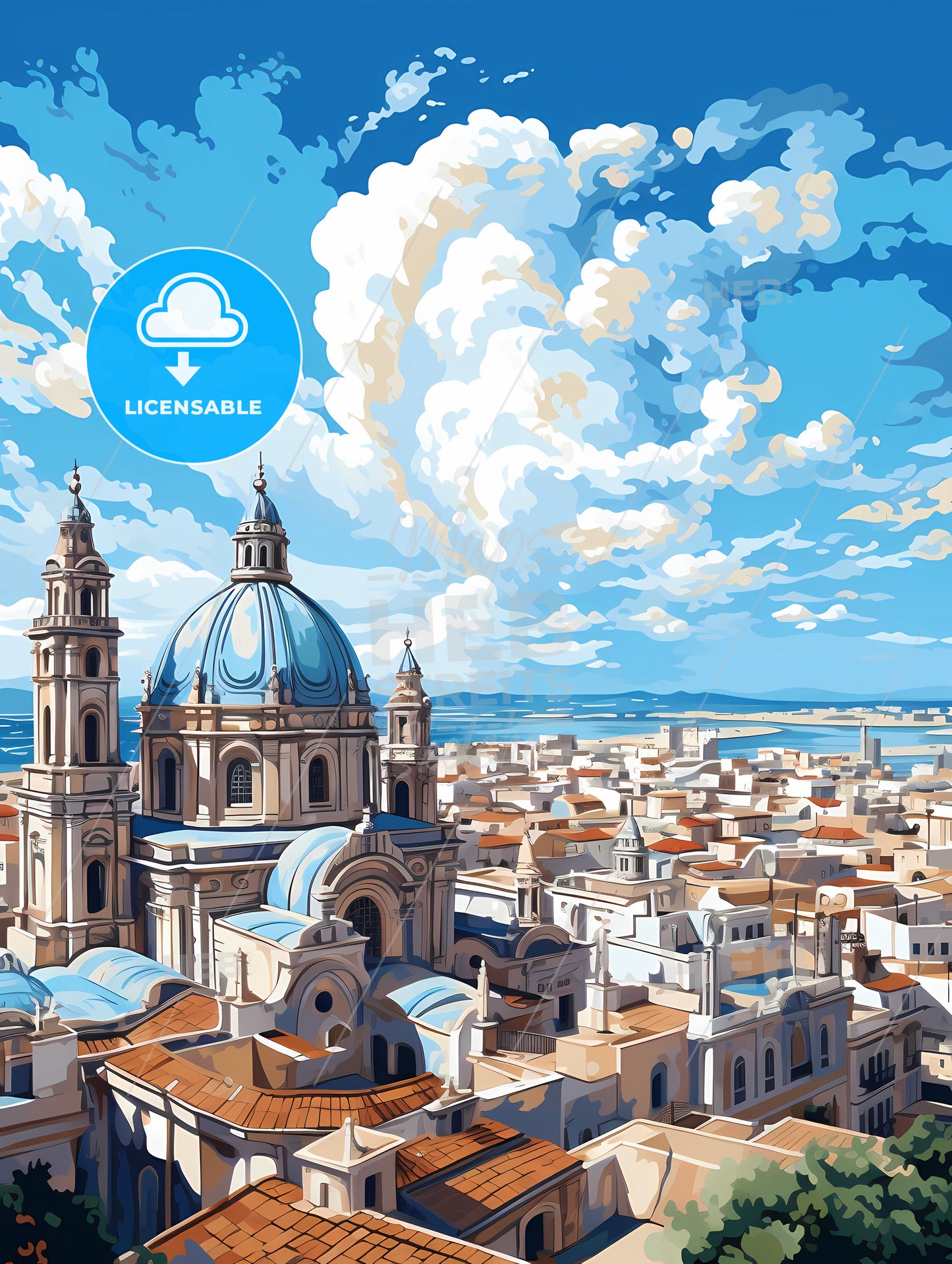 A Large City With A Blue Dome And A Body Of Water