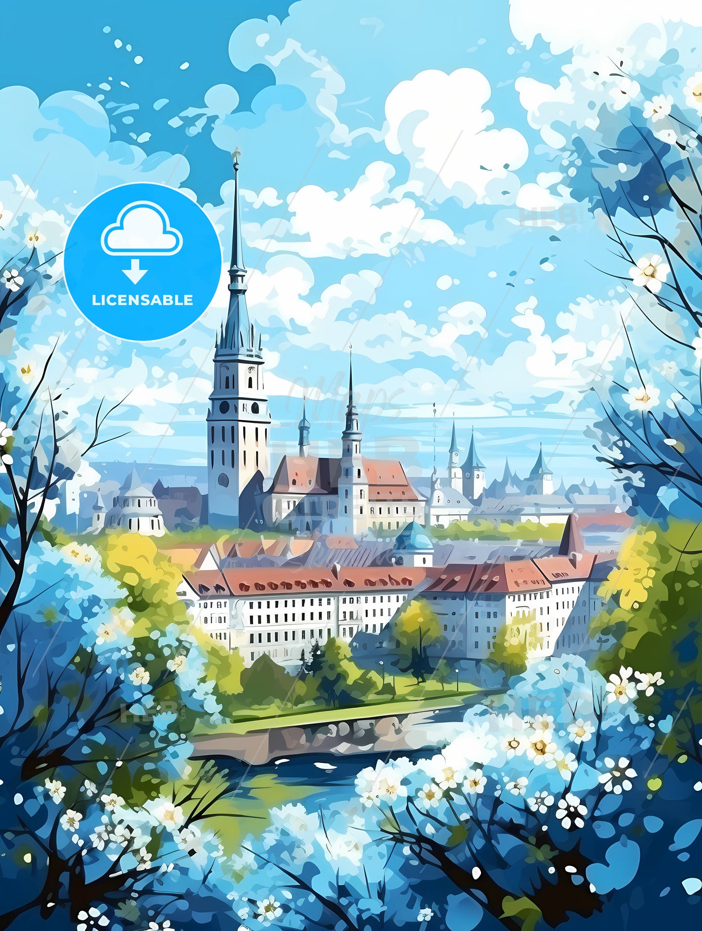 A Painting Of A City With A River And Trees