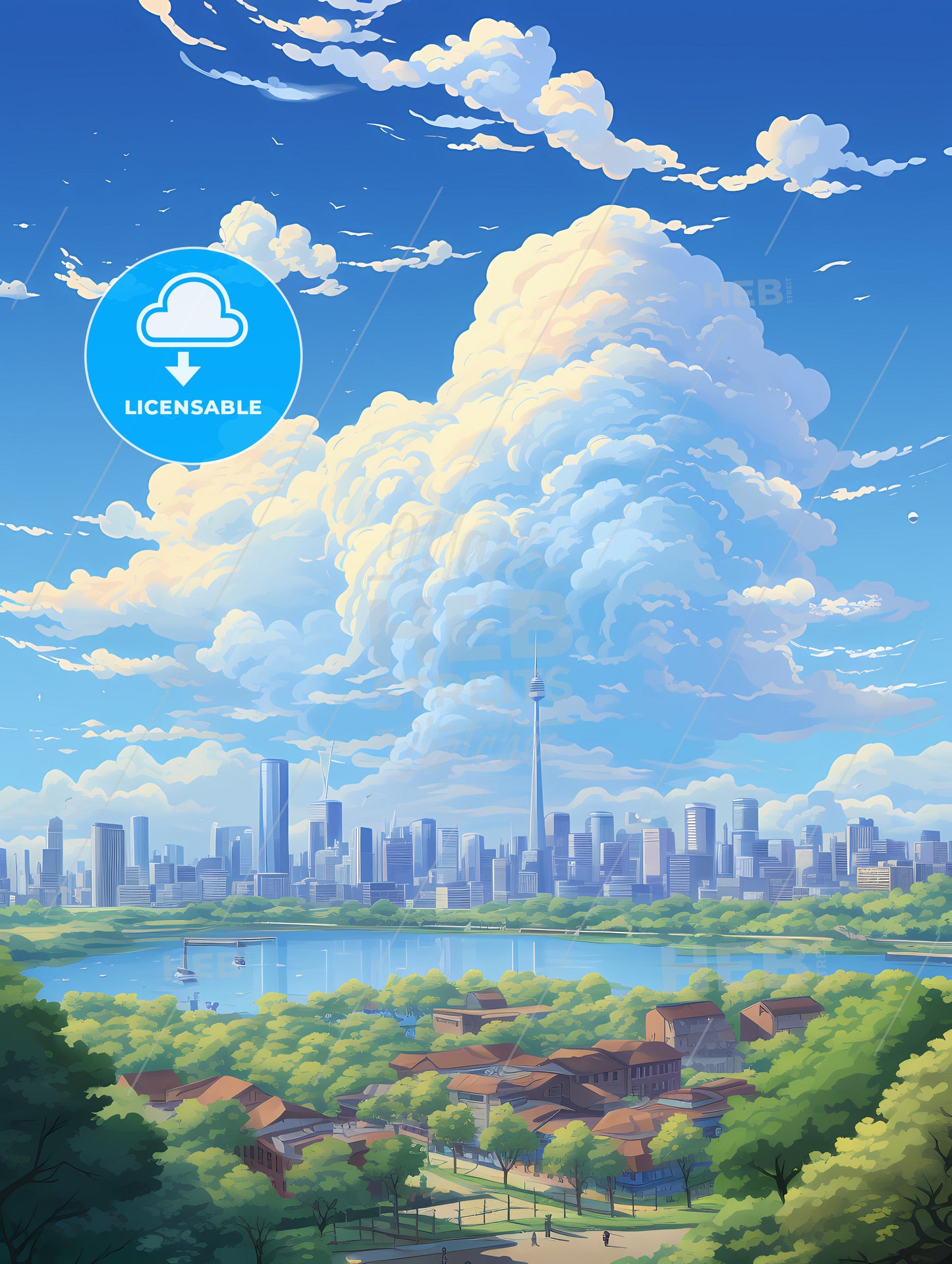 A Cityscape With A Lake And Clouds In The Sky