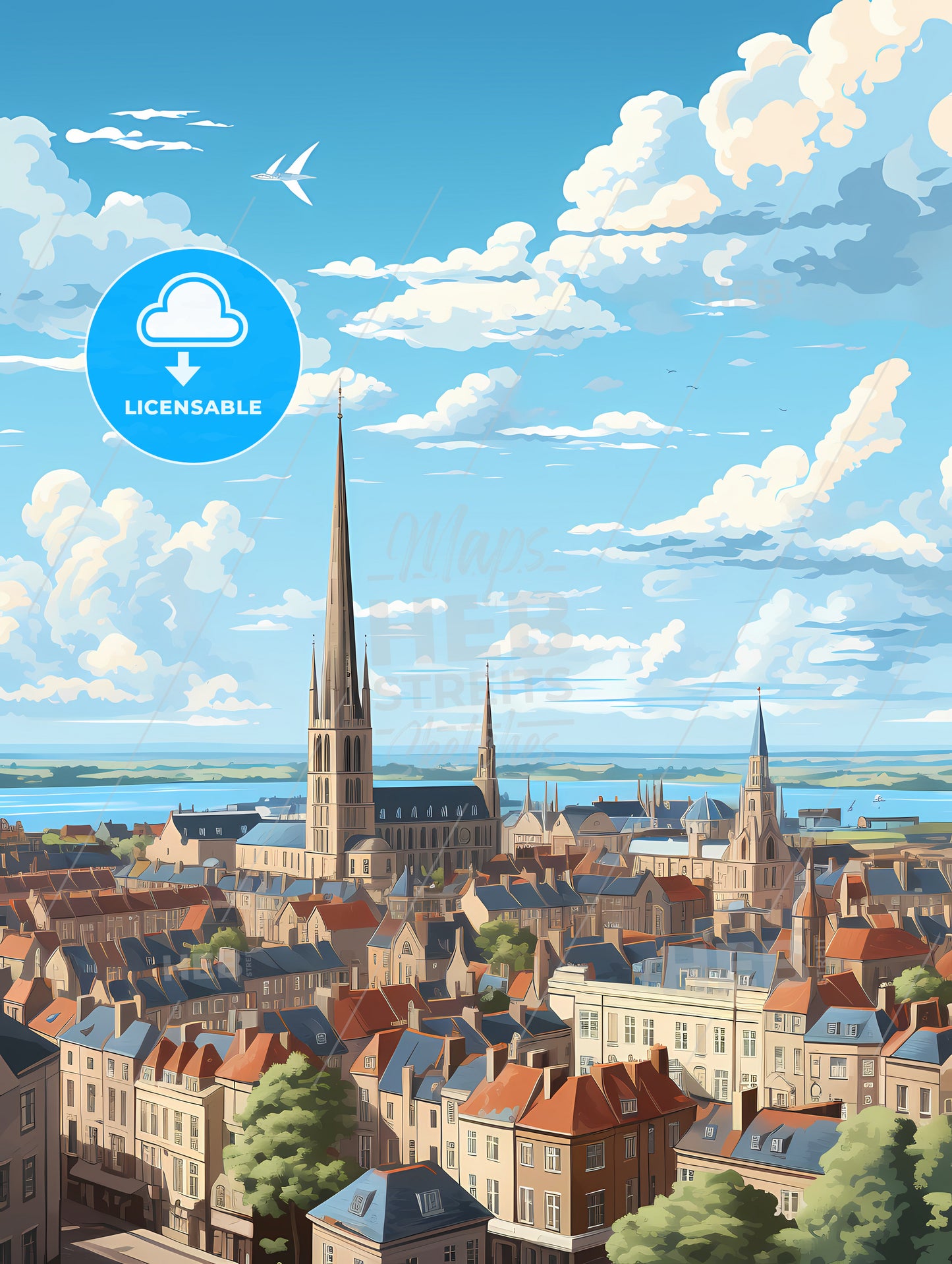 A City With A Tall Spire And A Body Of Water