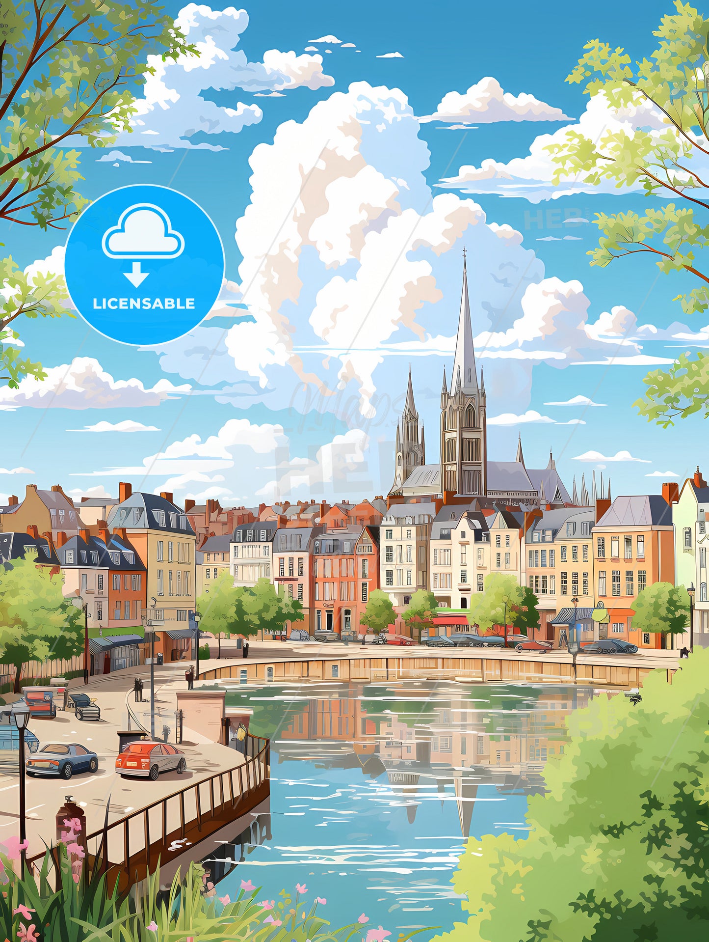 A Water Way With A Church In The Background