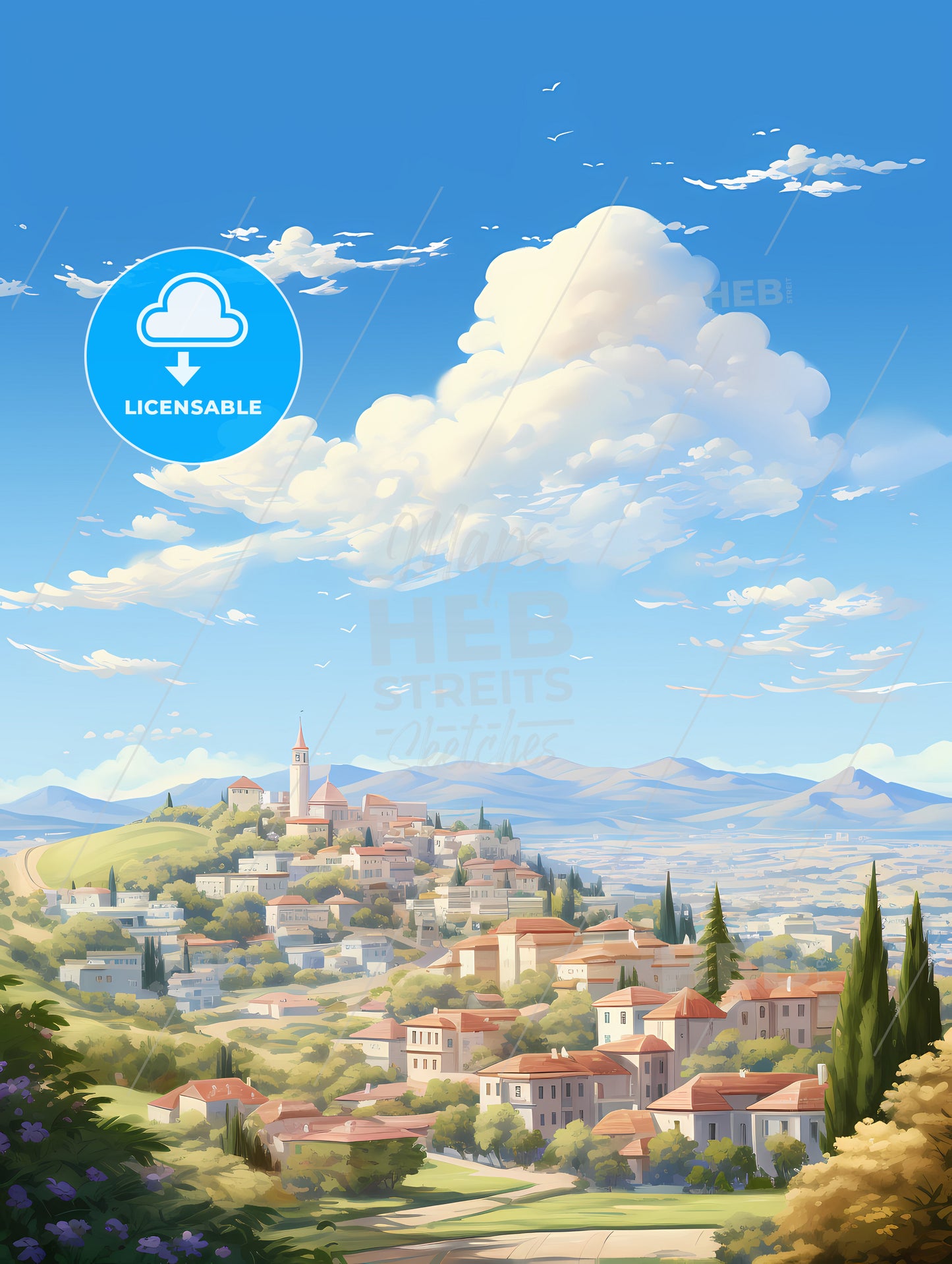 A Landscape Of A Town On A Hill