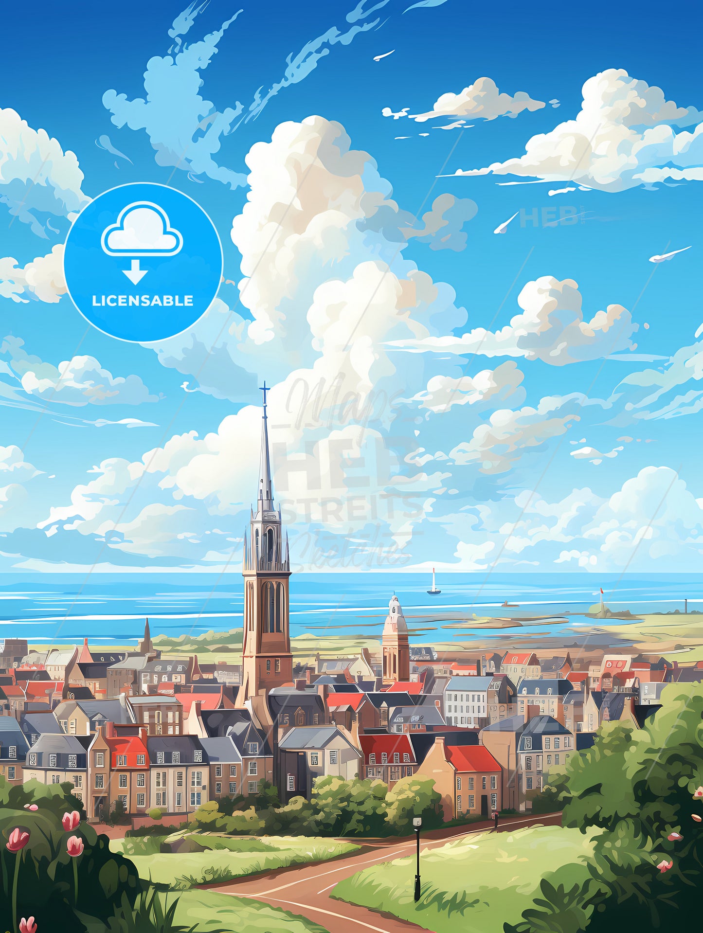 A City With A Tall Tower And A Body Of Water