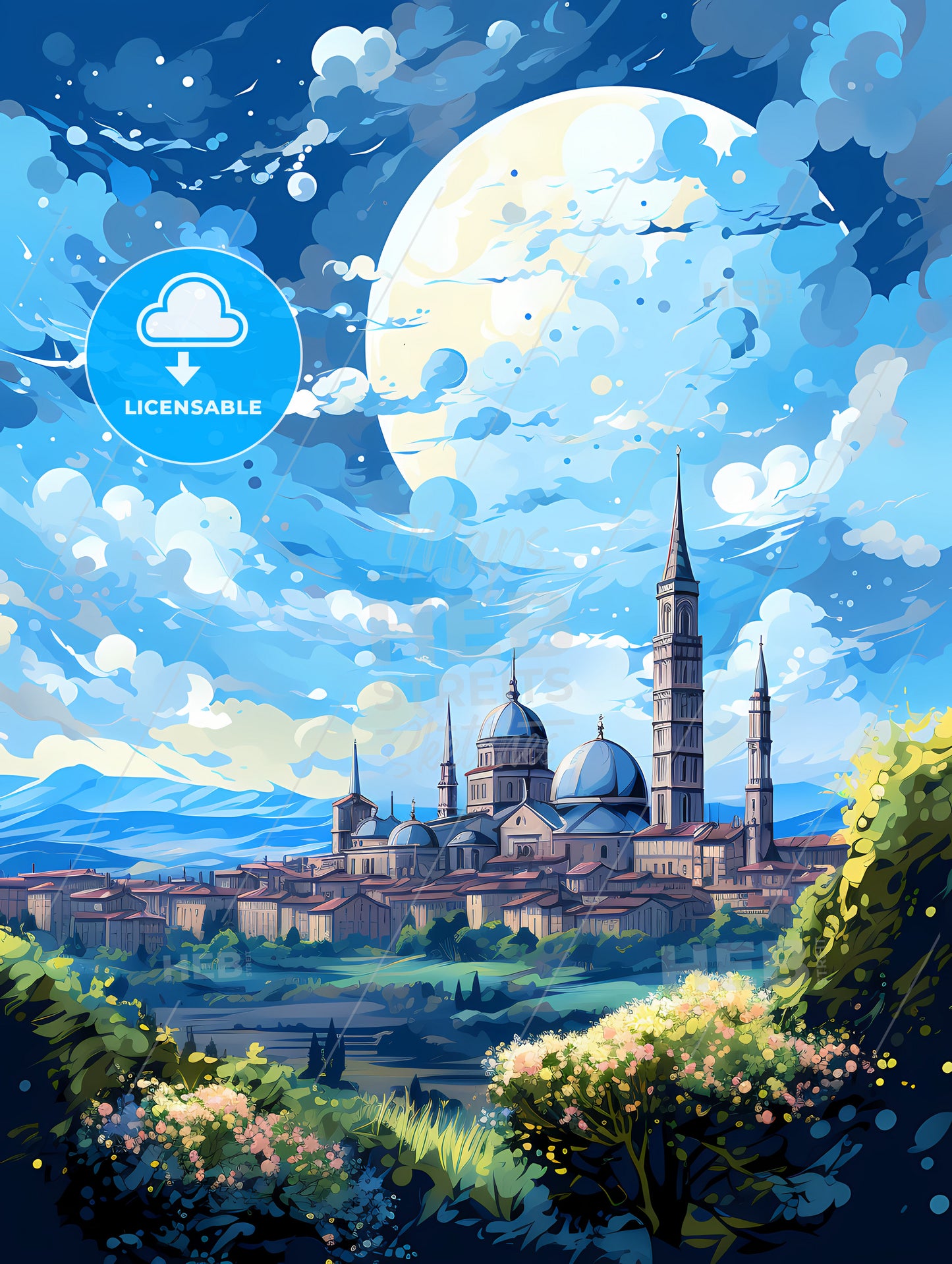 A City With Towers And A Large Moon