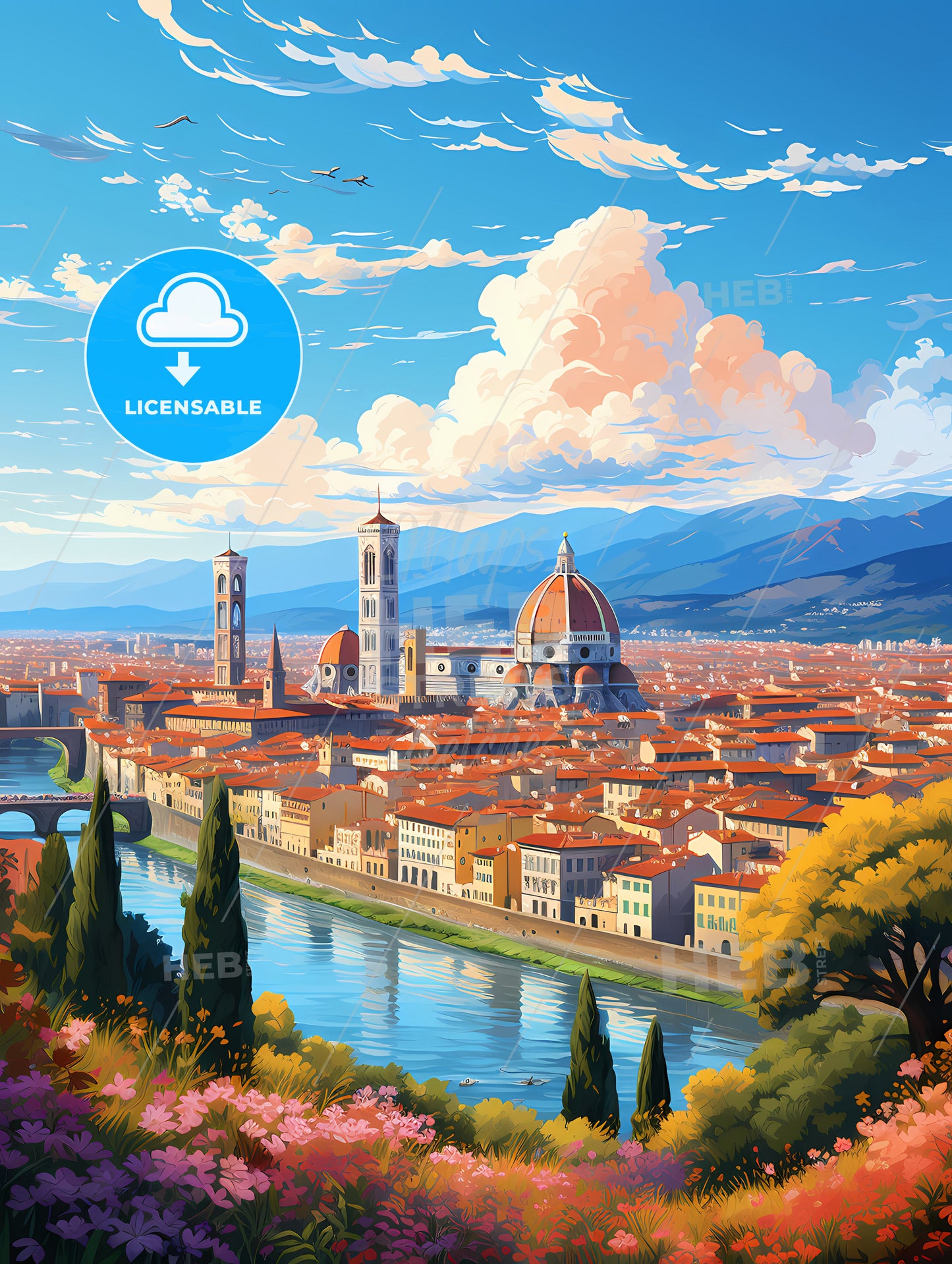 A City With Red Roofs And A Bridge And Trees