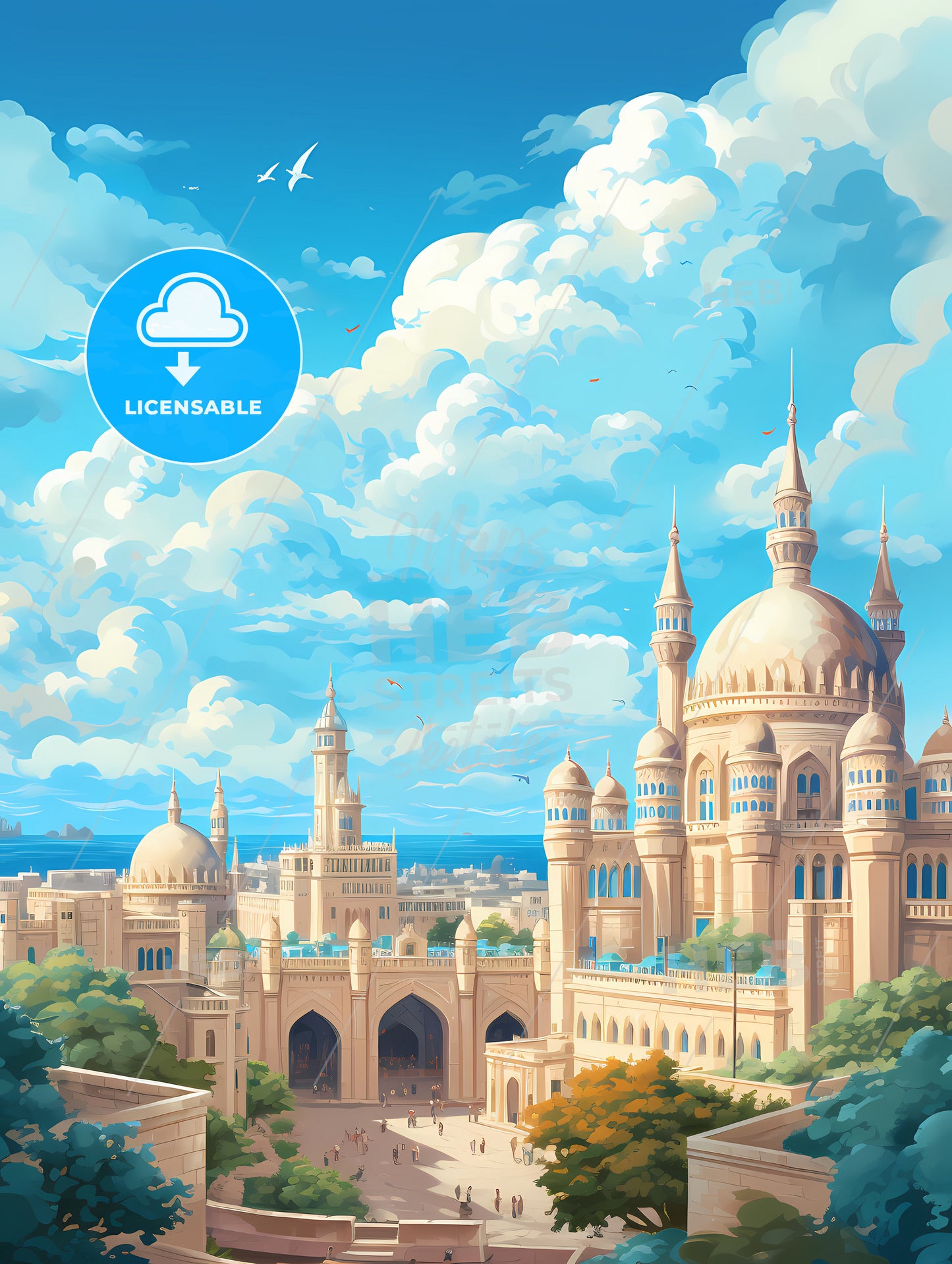 A Large Building With Towers And A Large Courtyard