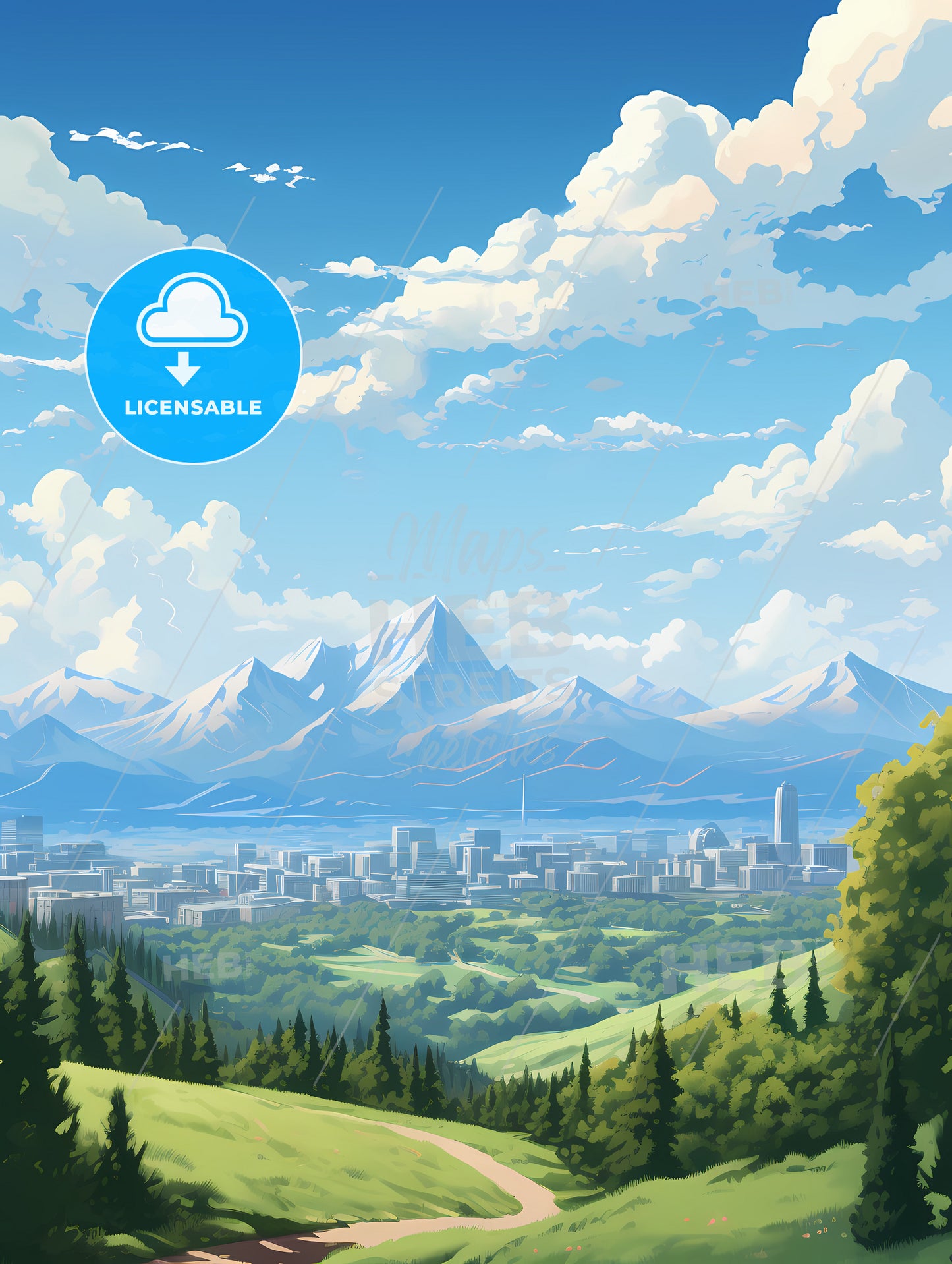 A Landscape Of A City And Mountains