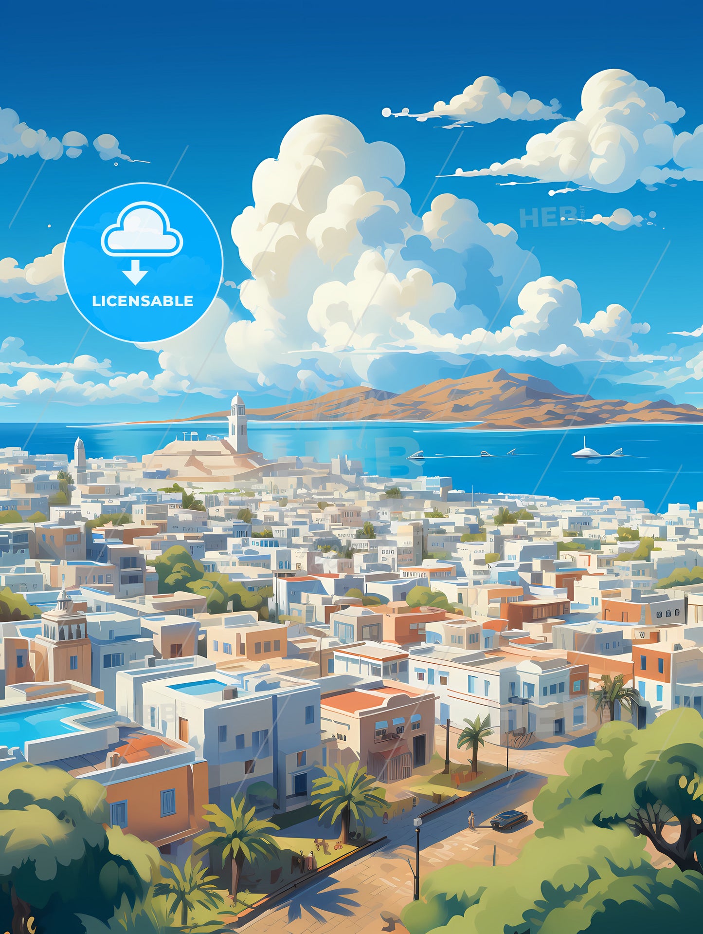 A City With A Body Of Water And A White Tower