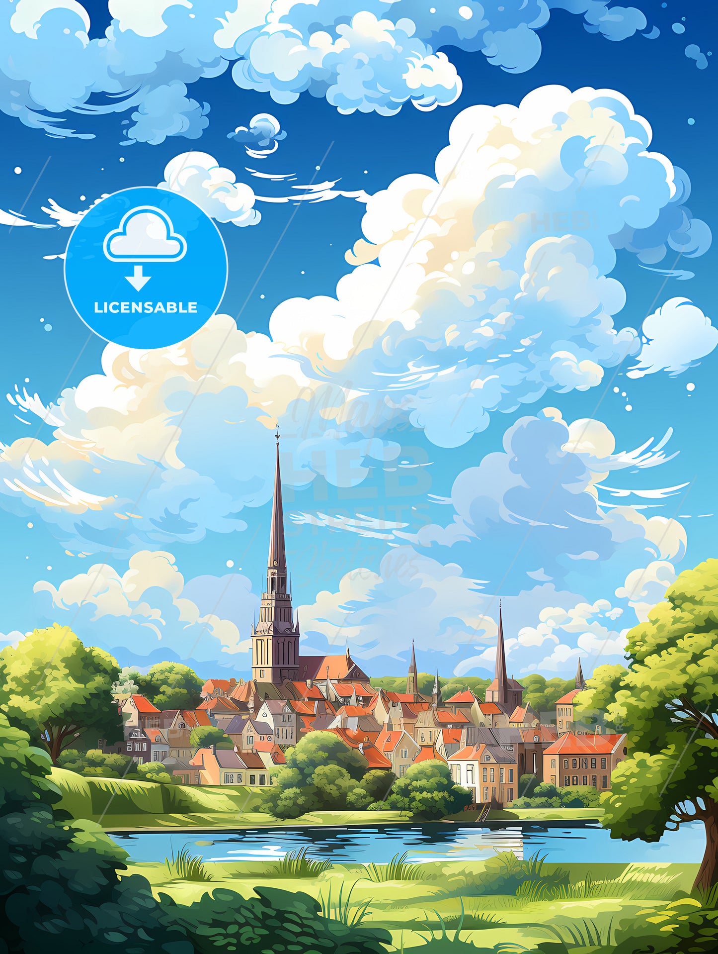 A City With A Tower And Trees And A Body Of Water