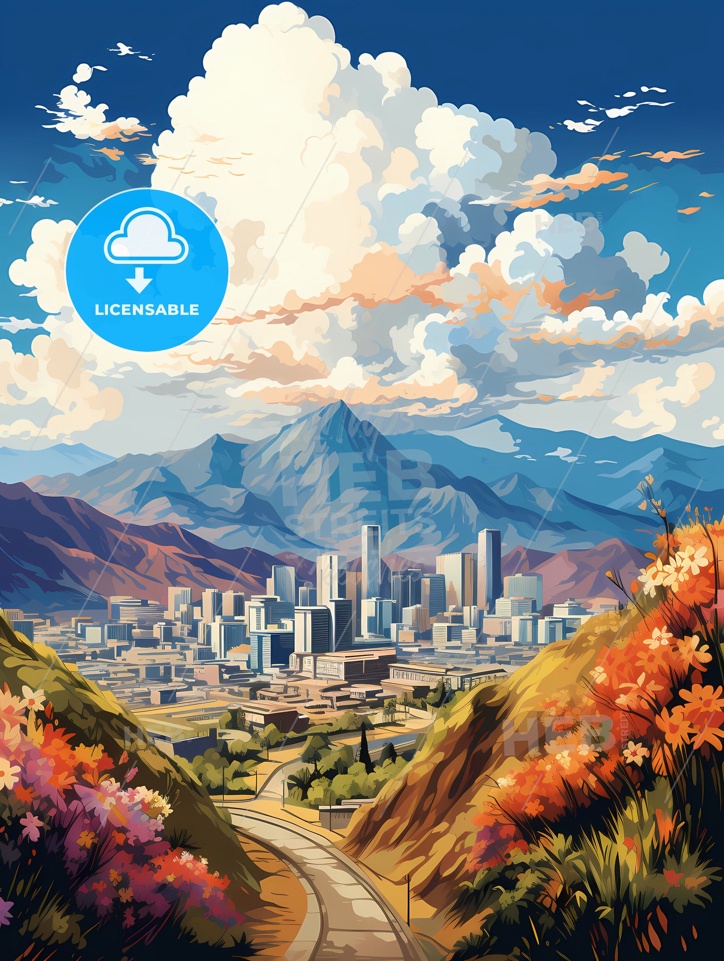 A Landscape Of A City And Mountains