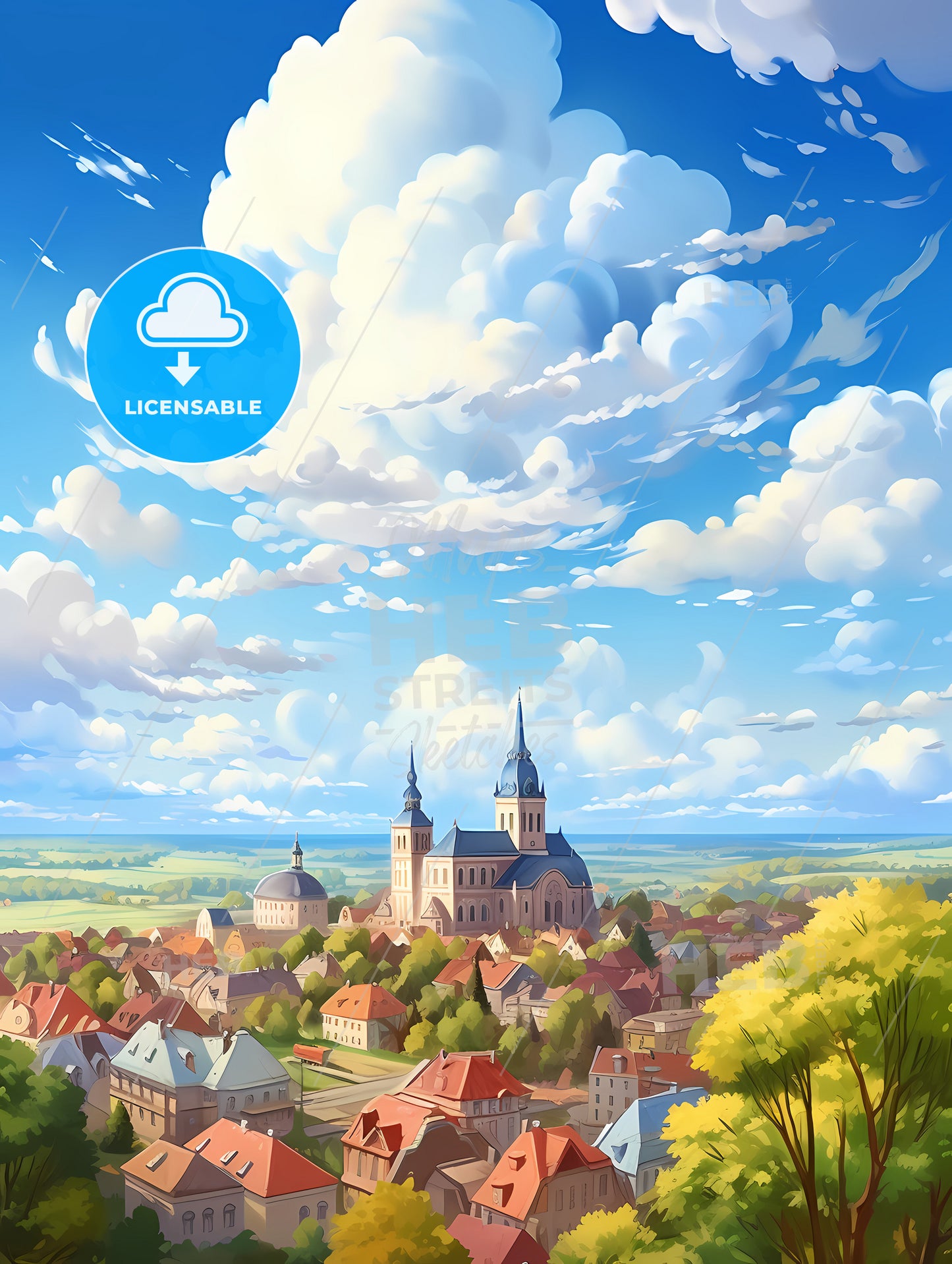 A City With A Church And A Large Building