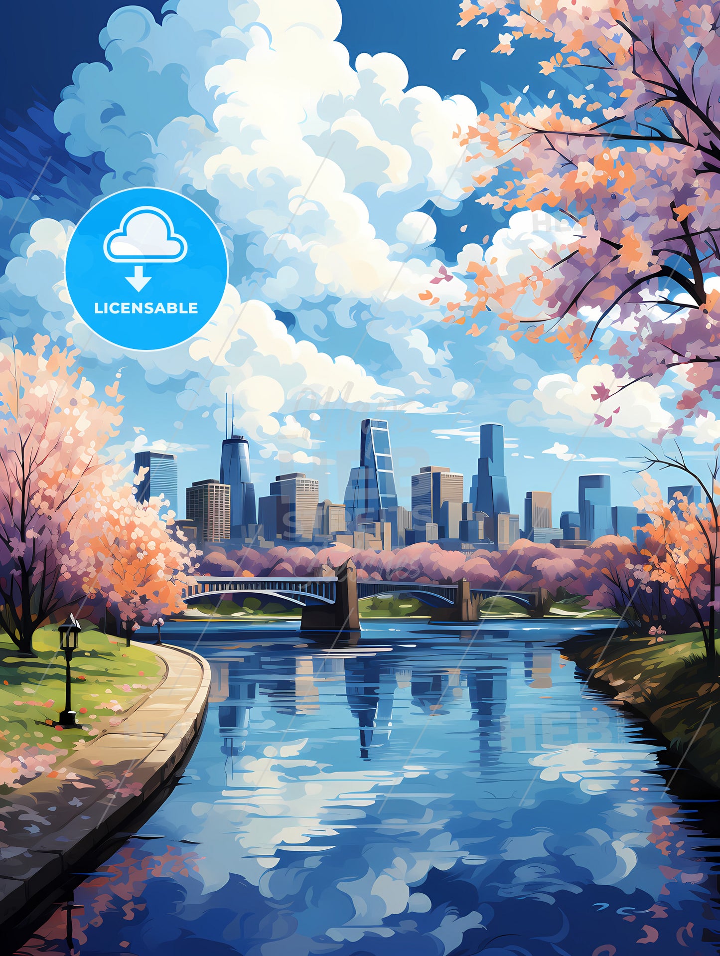 A River With A Bridge And Trees With Pink Flowers