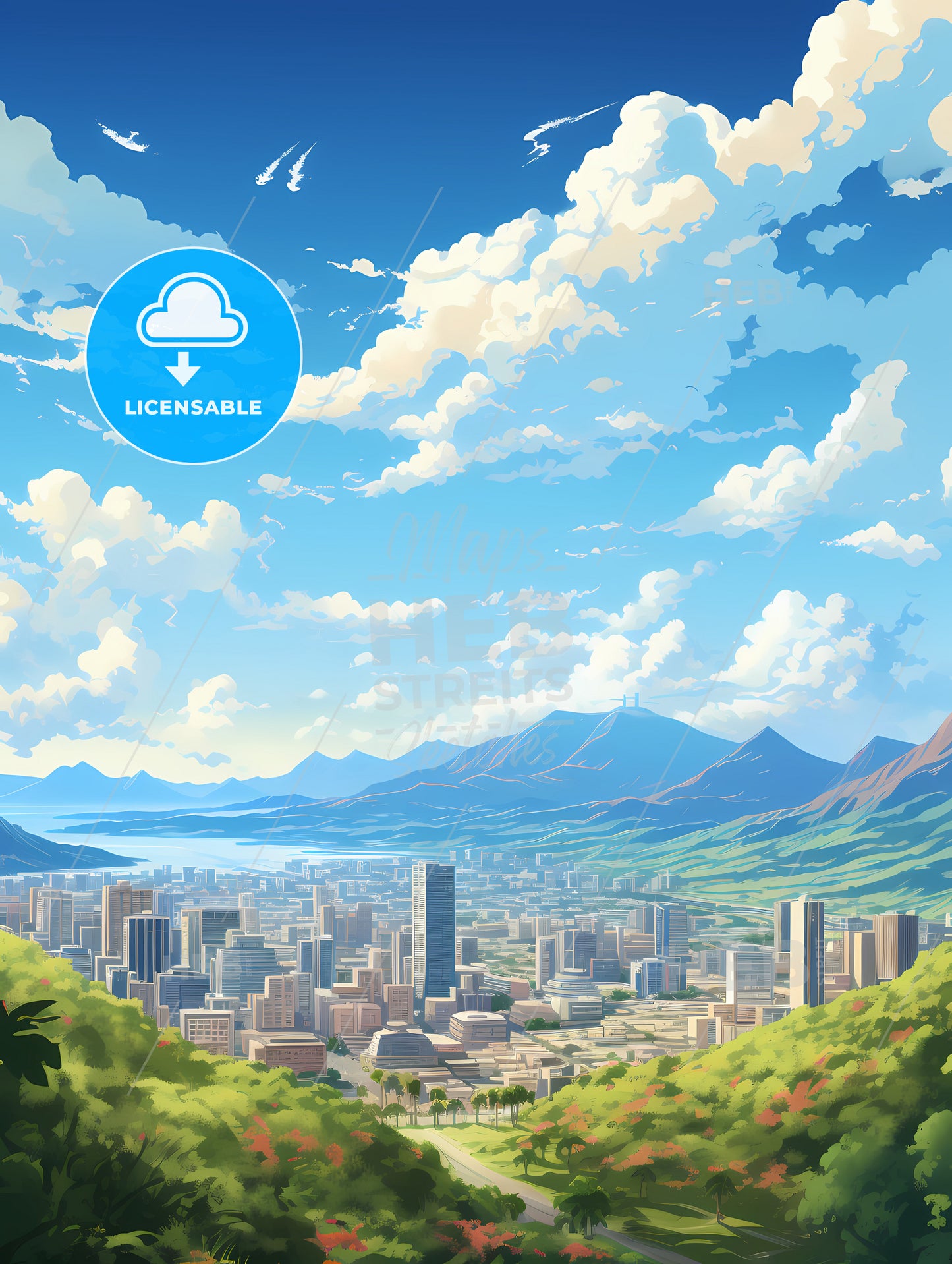 A Landscape Of A City With Mountains And Trees