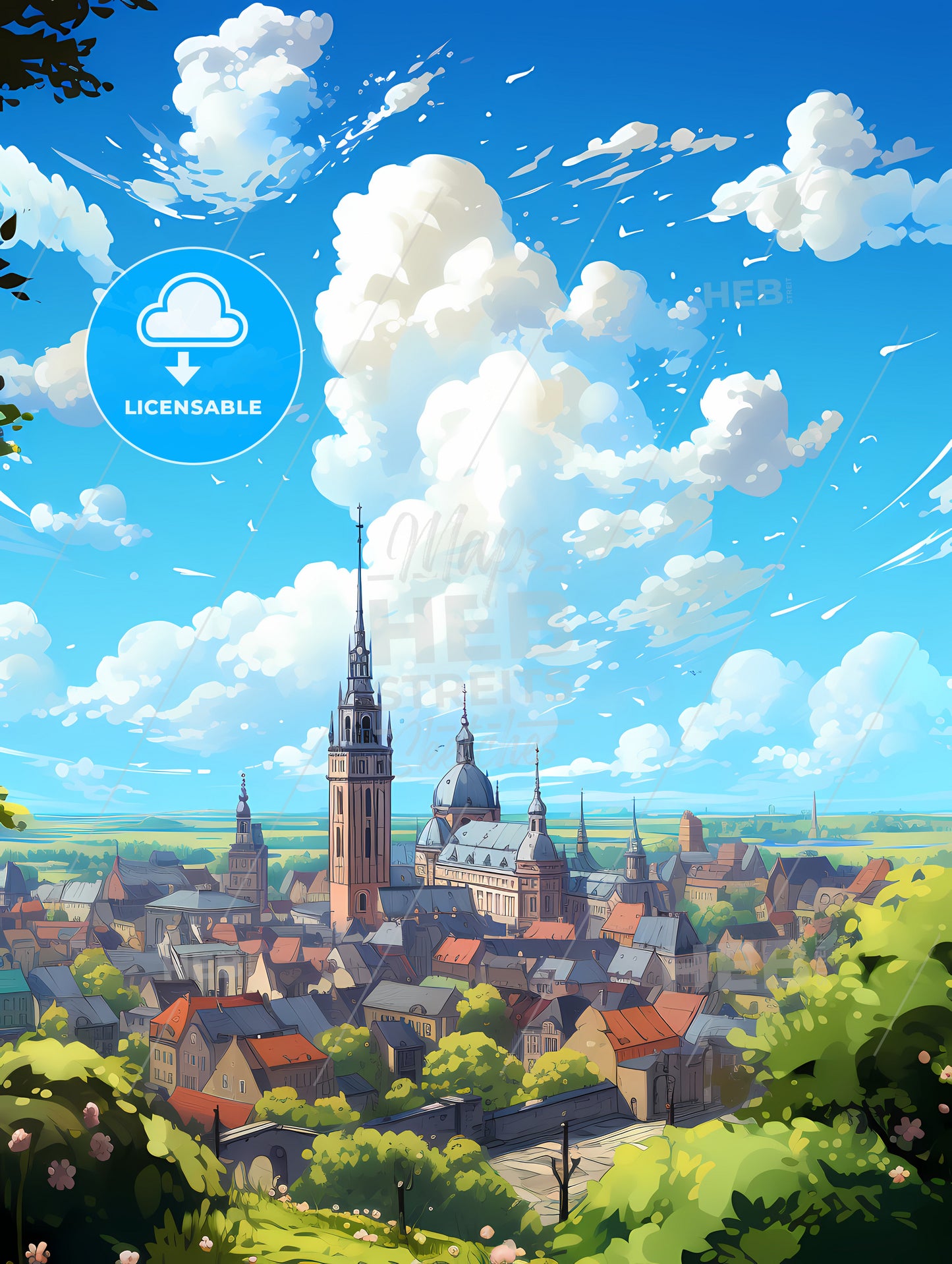 A City With A Tower And Trees