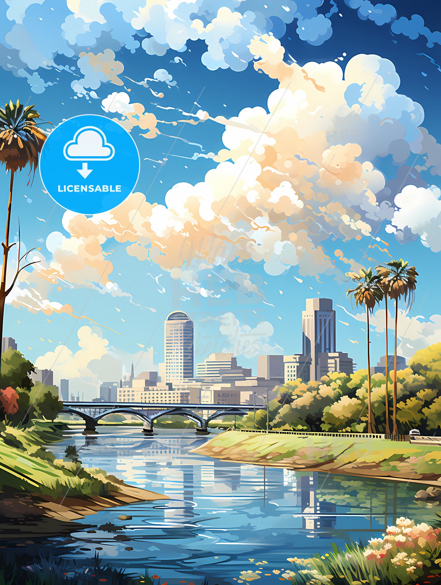 A River With A Bridge And Trees And A City In The Background