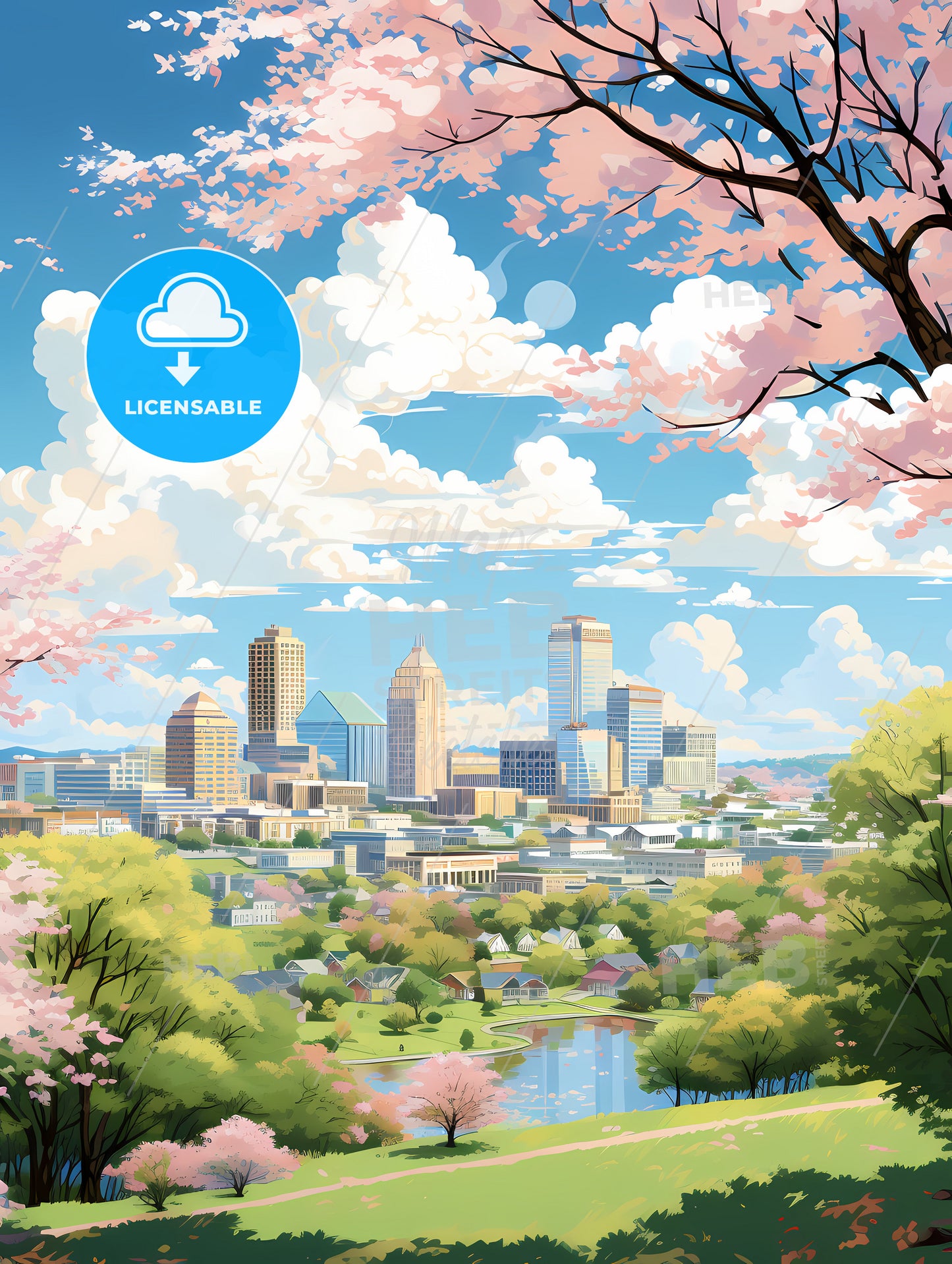 A Cityscape With Trees And A River