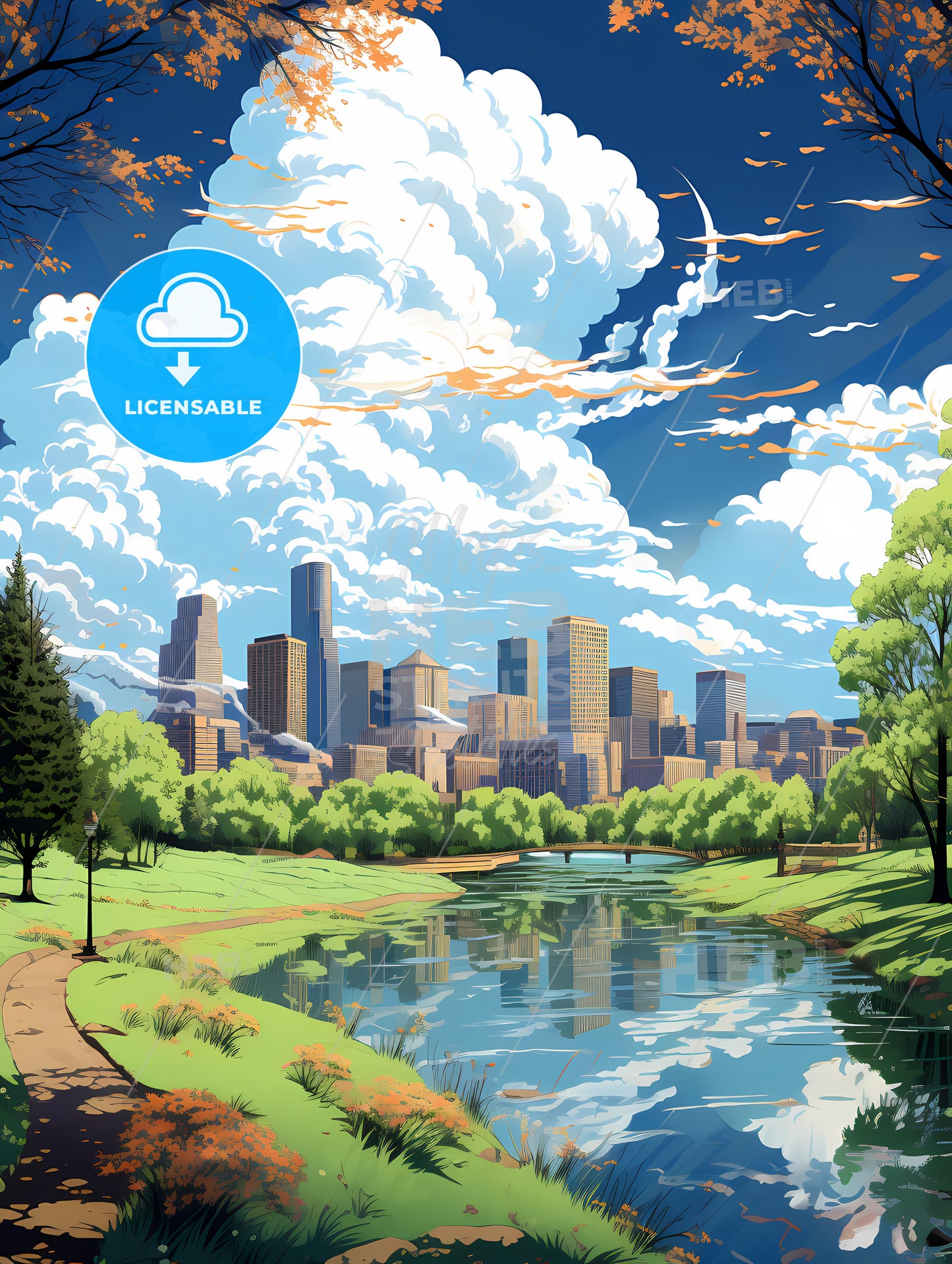 A Cityscape With Trees And A Pond