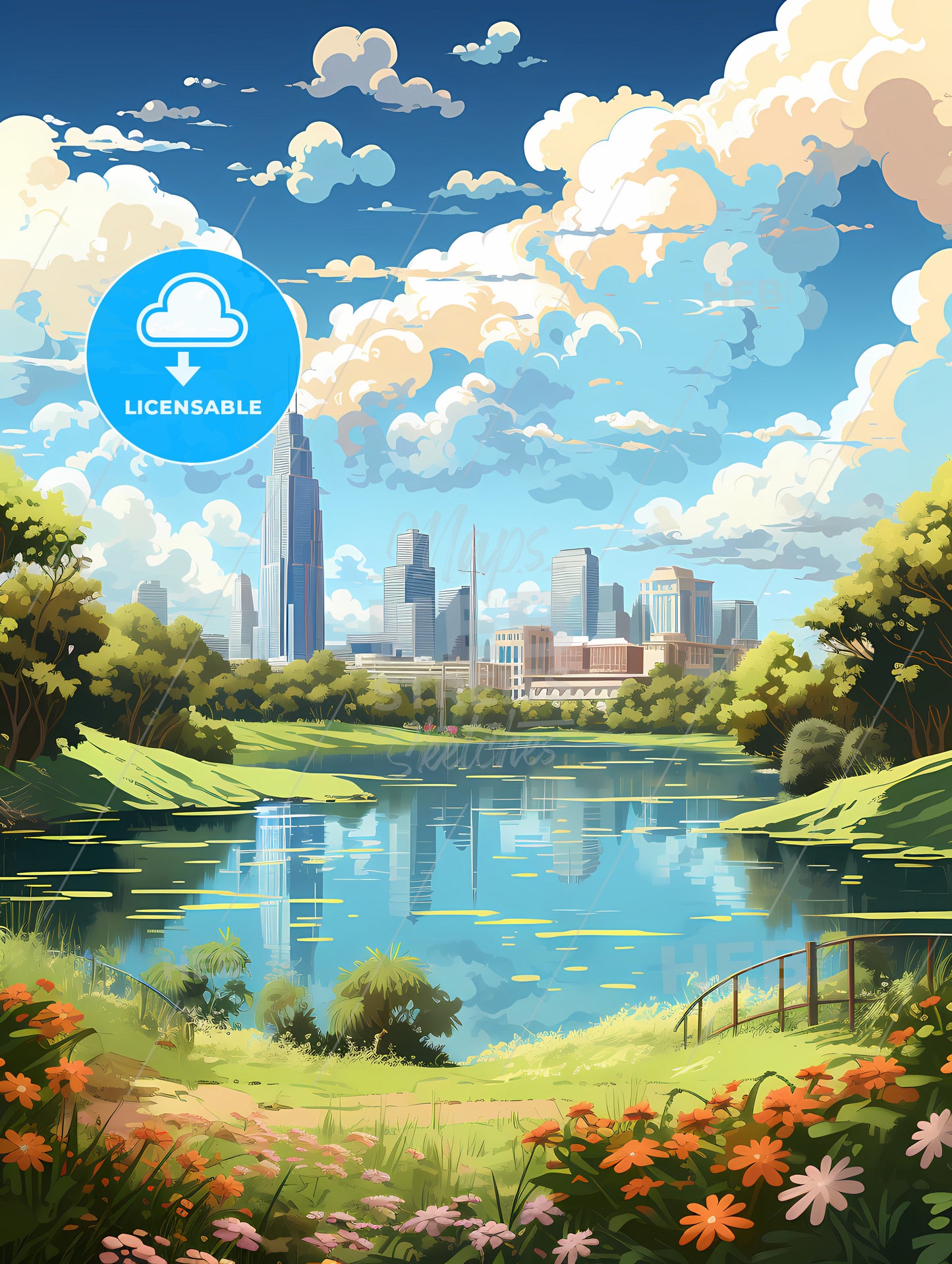 A Lake With Trees And A City In The Background