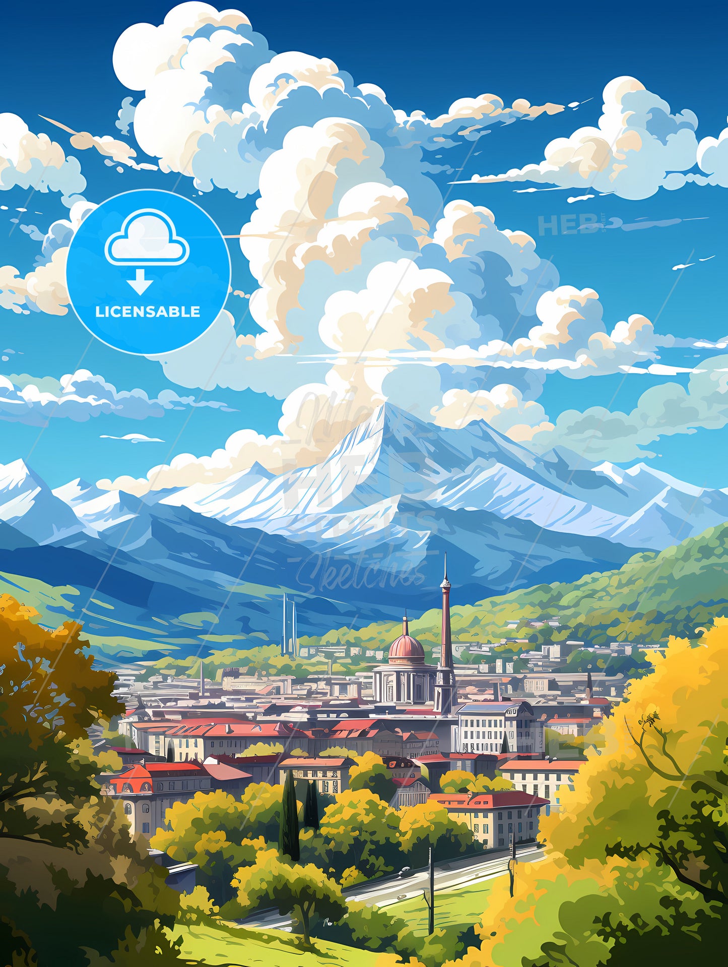 A Landscape Of A City With Mountains In The Background