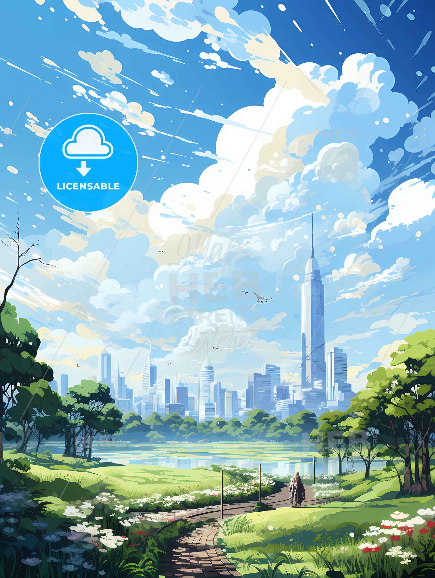 A Person Walking In A Park With Trees And A City In The Background