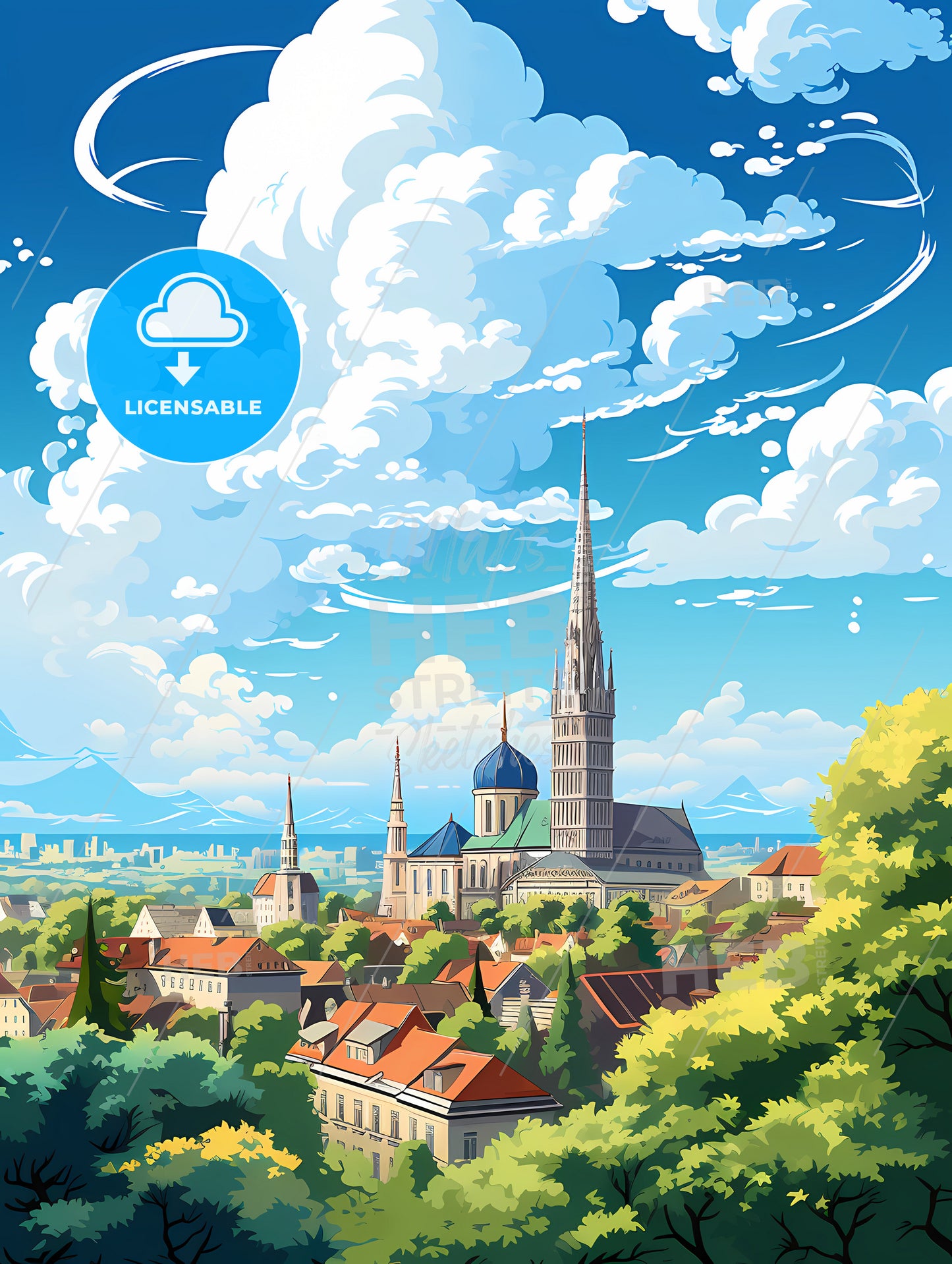 A City With A Tower And Trees