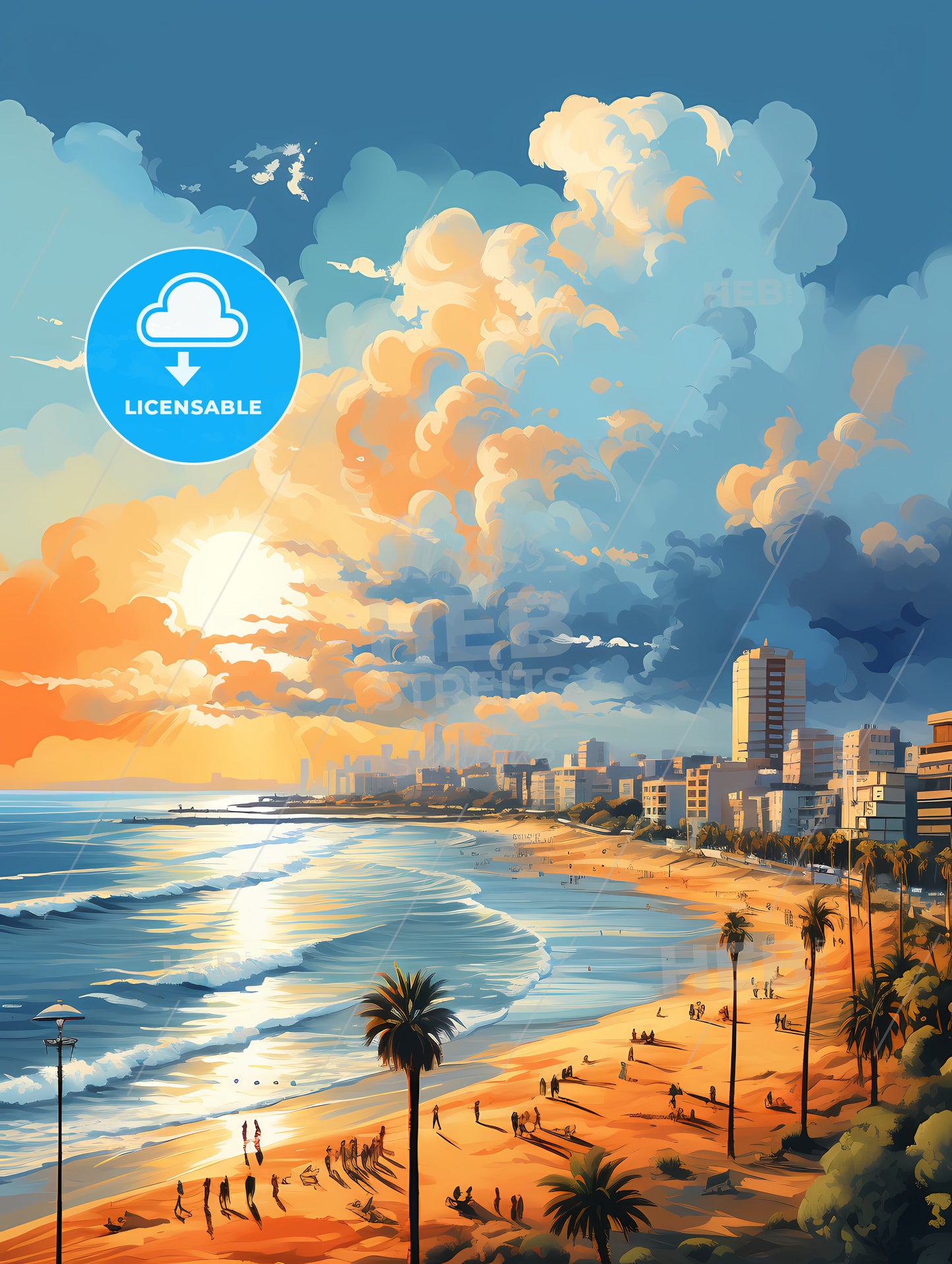 A Beach With Palm Trees And Buildings