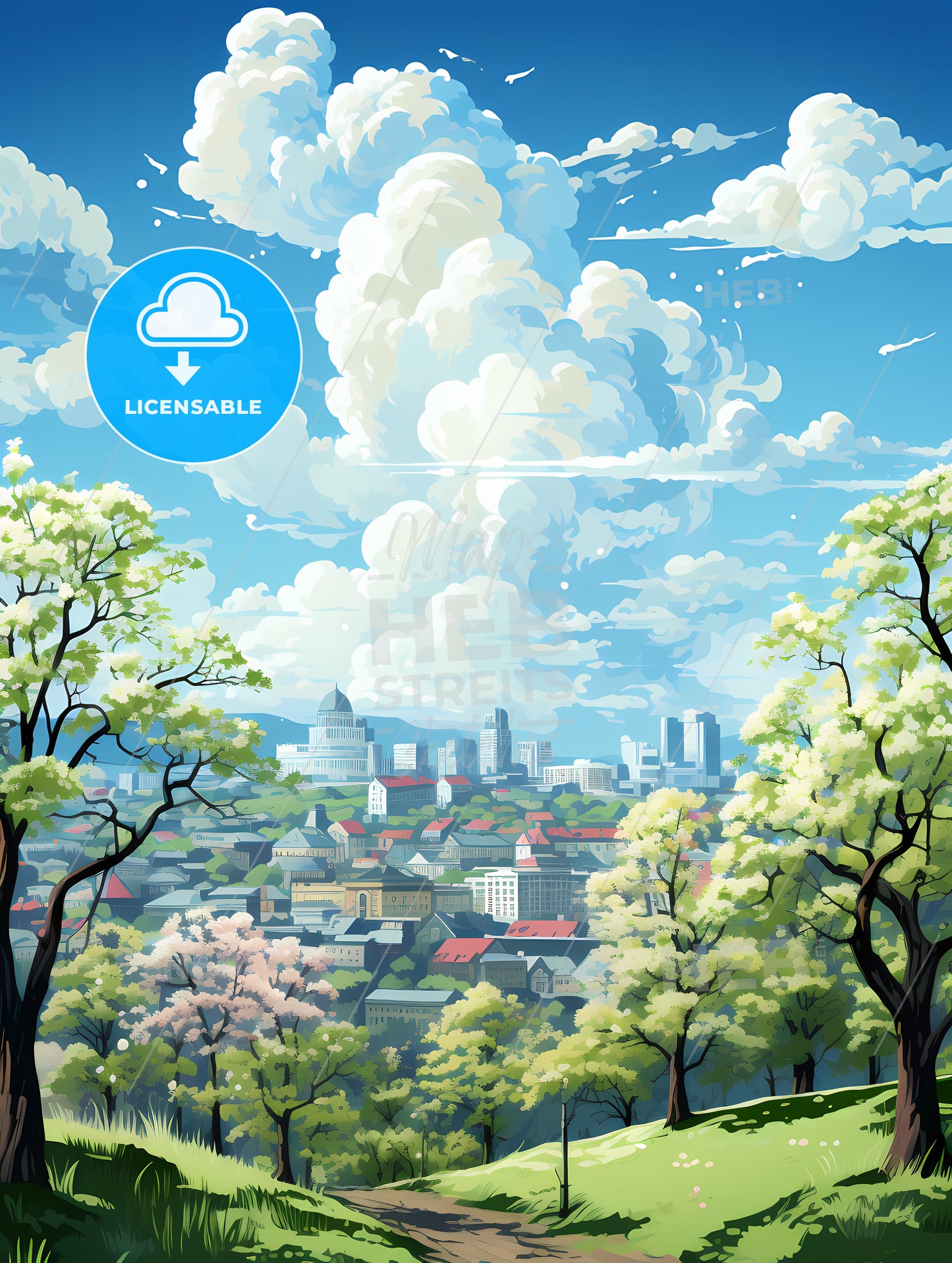 A Landscape Of A City With Trees And Buildings