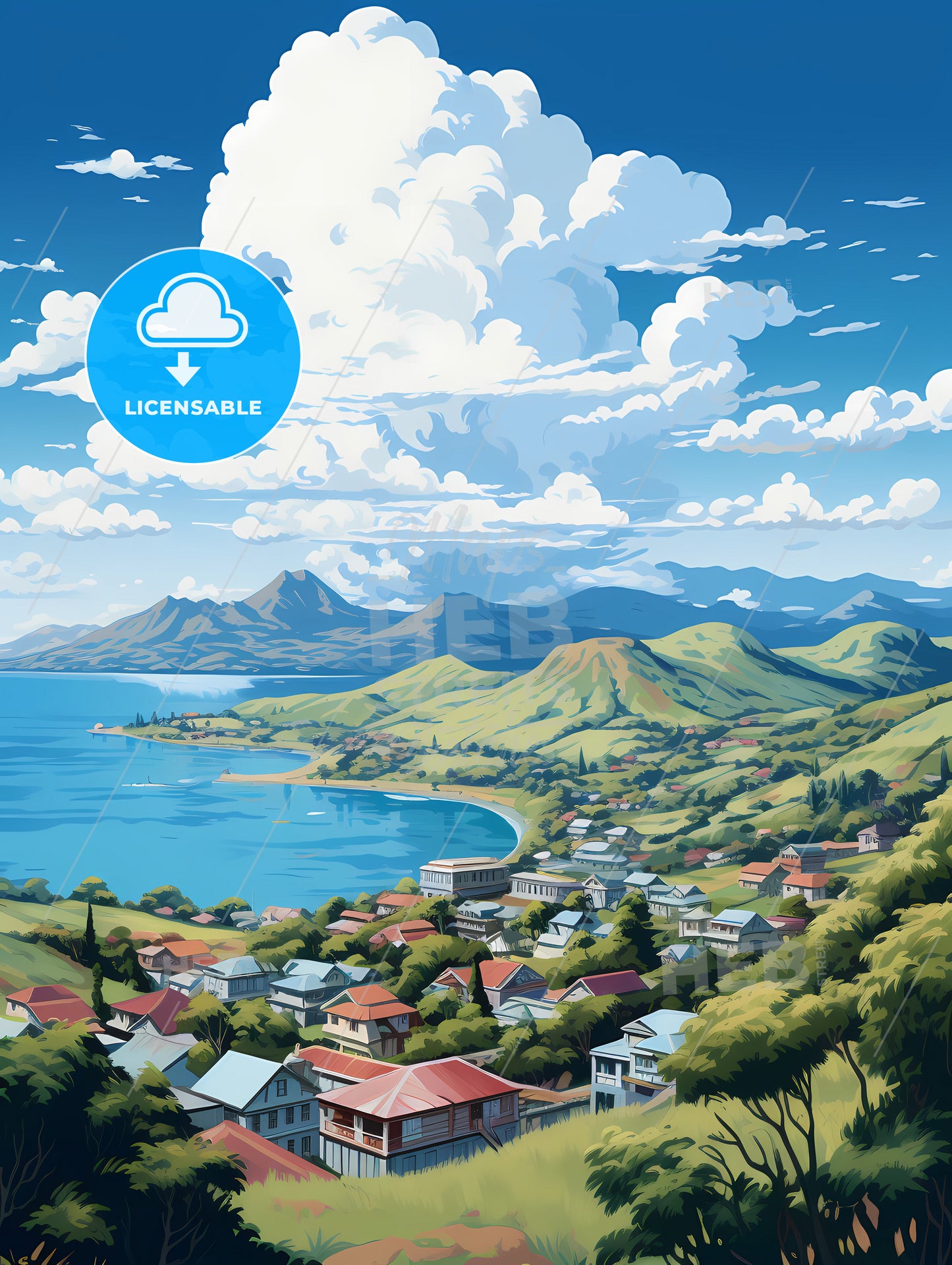 A Landscape Of A Town By The Water