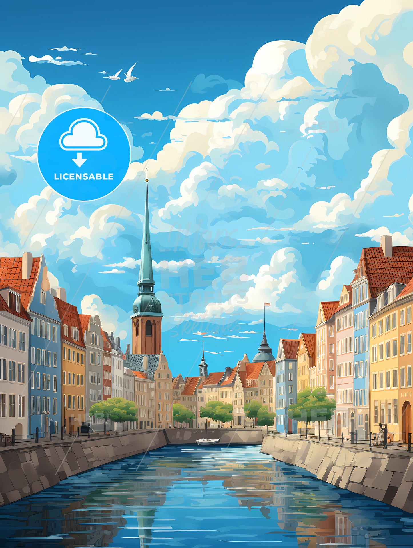 A Water Canal With Buildings And A Tower