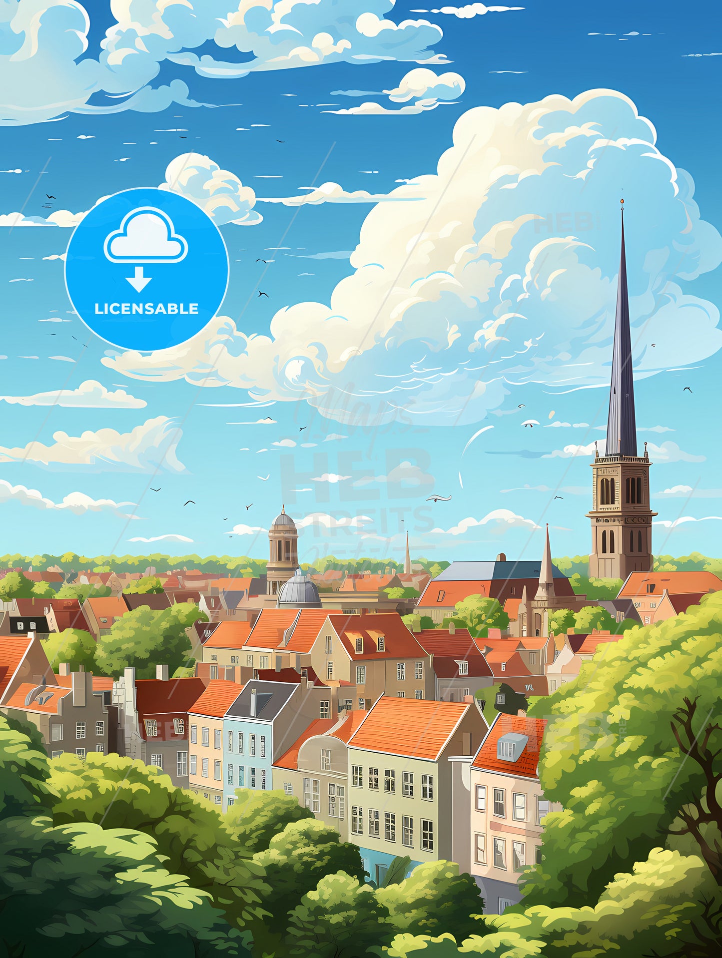 A City With A Tall Spire And Trees