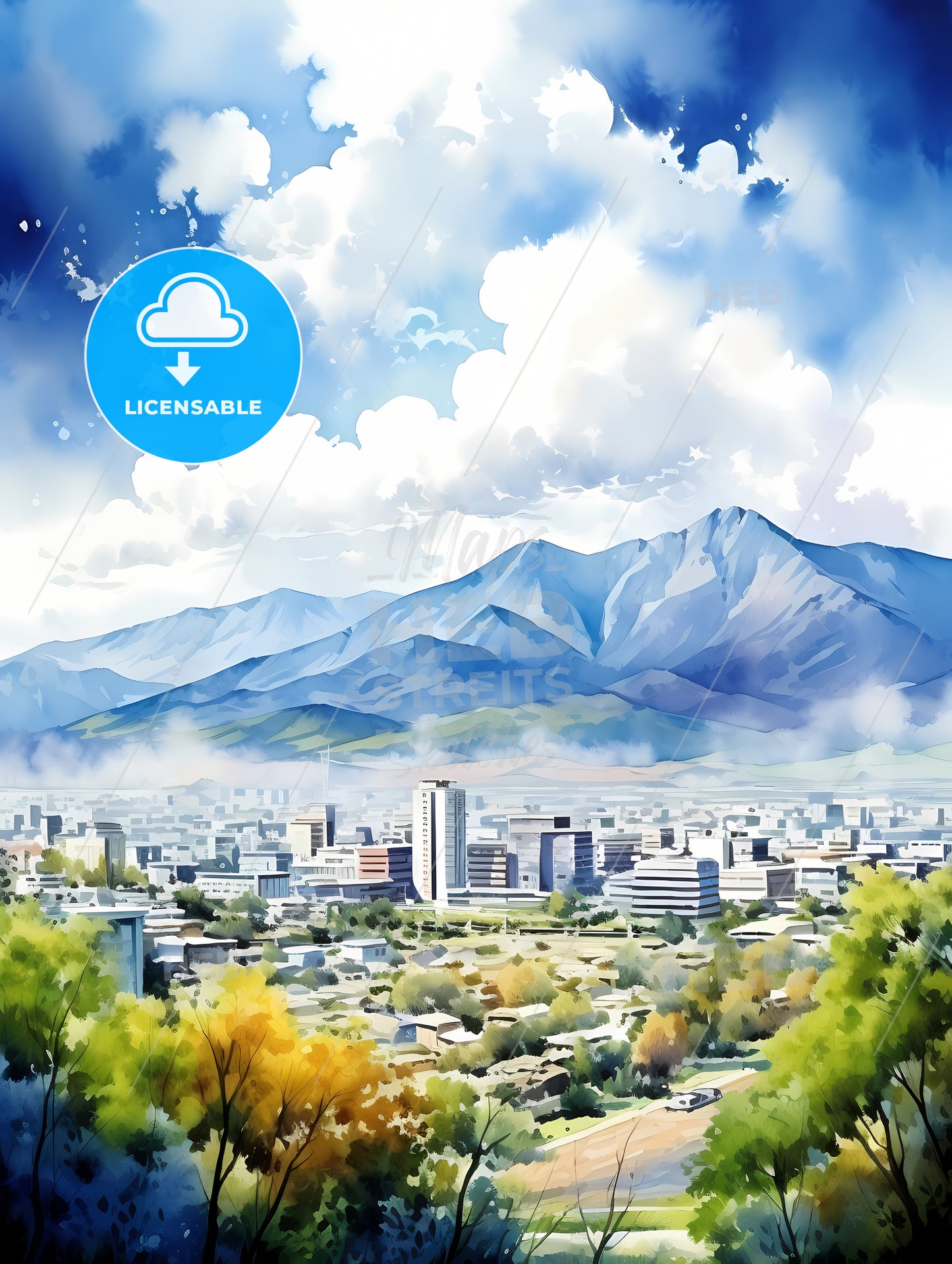 A Watercolor Painting Of A City With Mountains In The Background