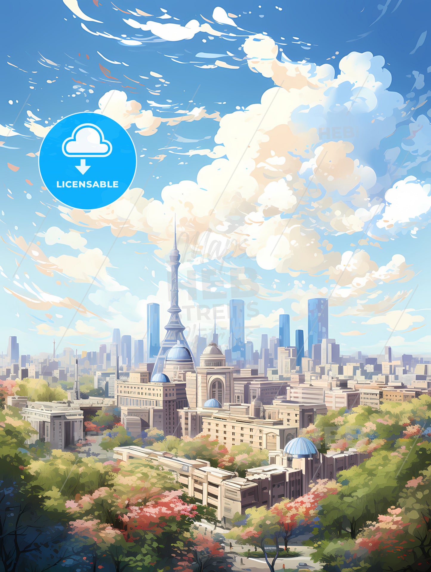 A City With Trees And A Tower