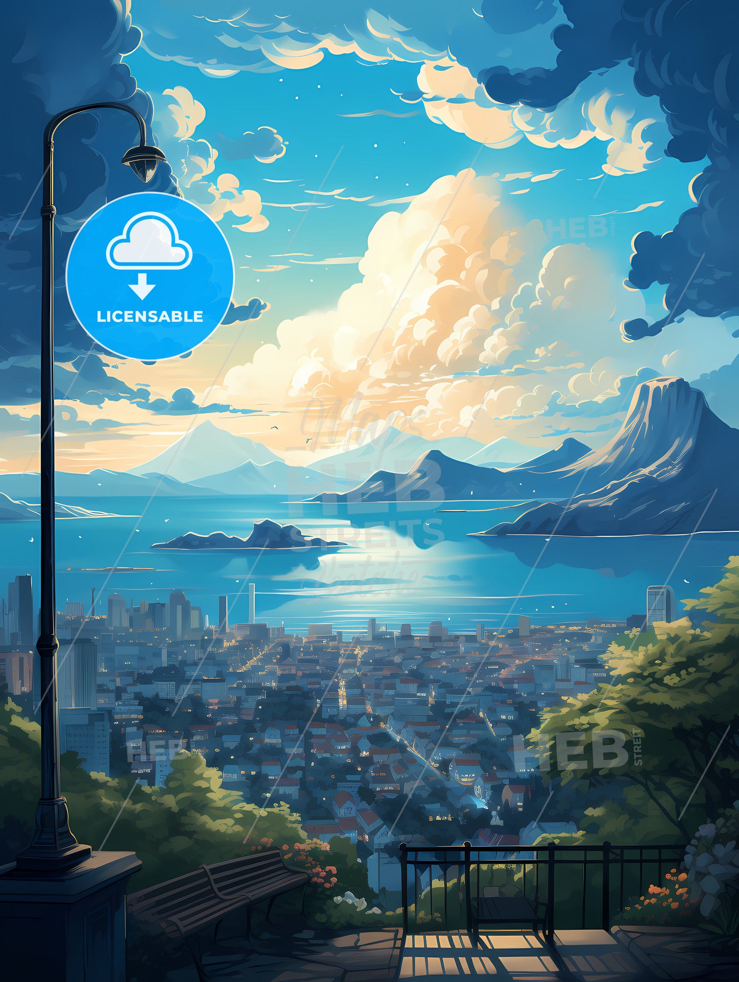 A Cityscape With A Body Of Water And Mountains