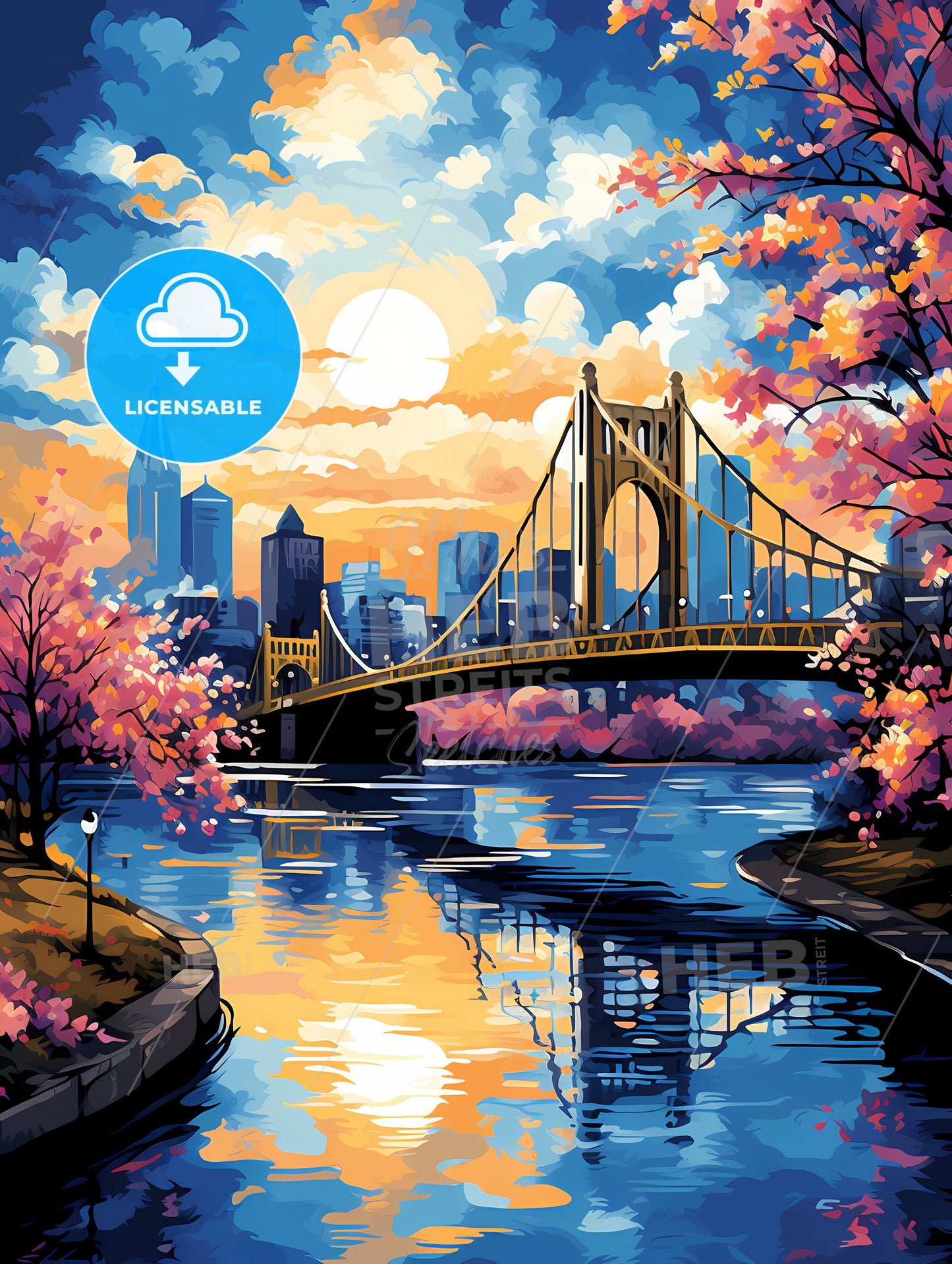 A Bridge Over A River With Pink Trees And A City In The Background