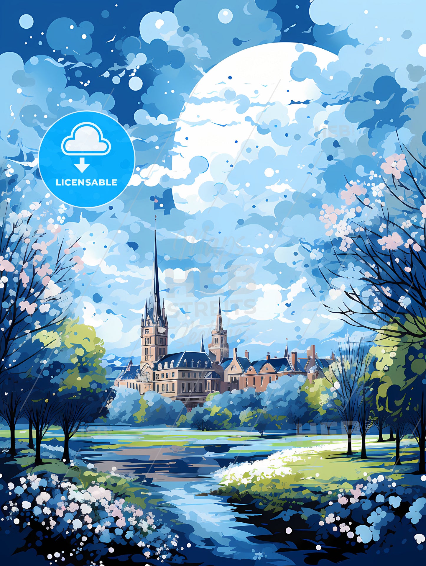 A Painting Of A Castle And Trees