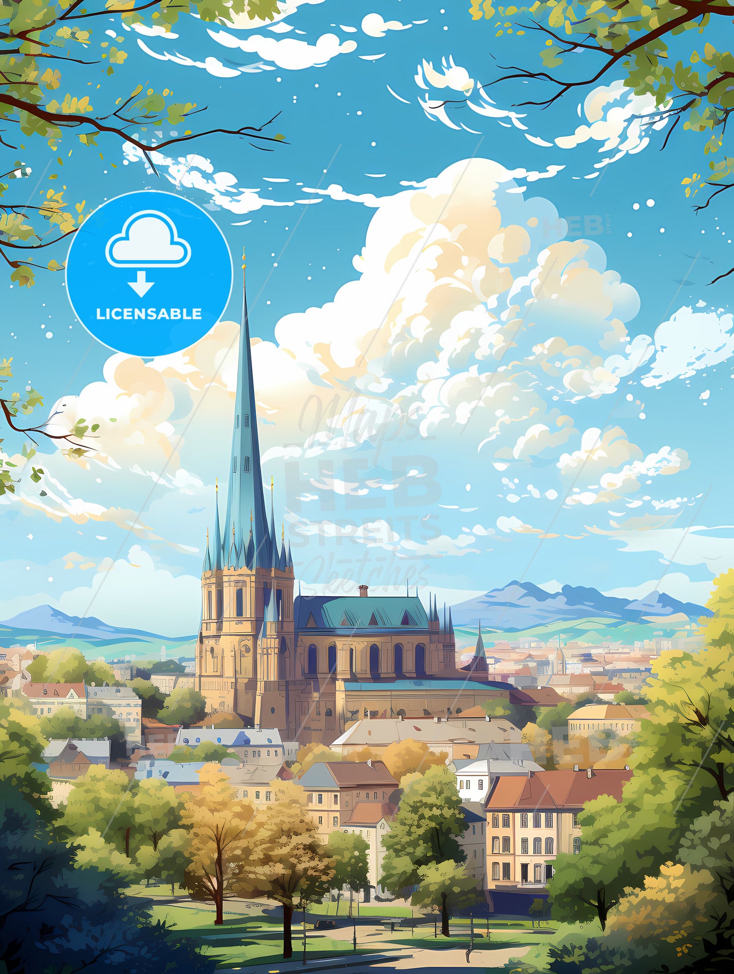 A Building With A Steeple And A City Landscape